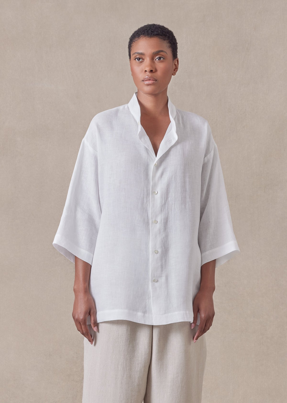linen slim collarless short sleeve shirt - regular