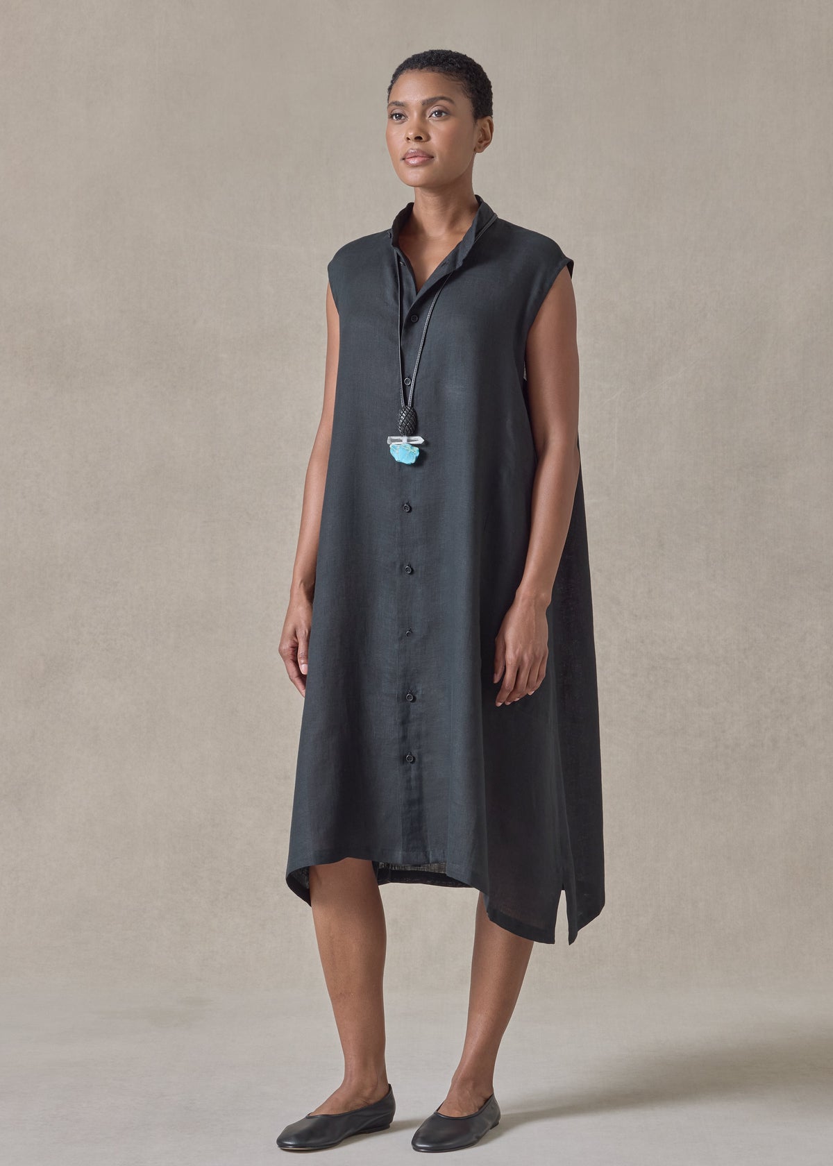 linen a-line collarless sleeveless shirt dress