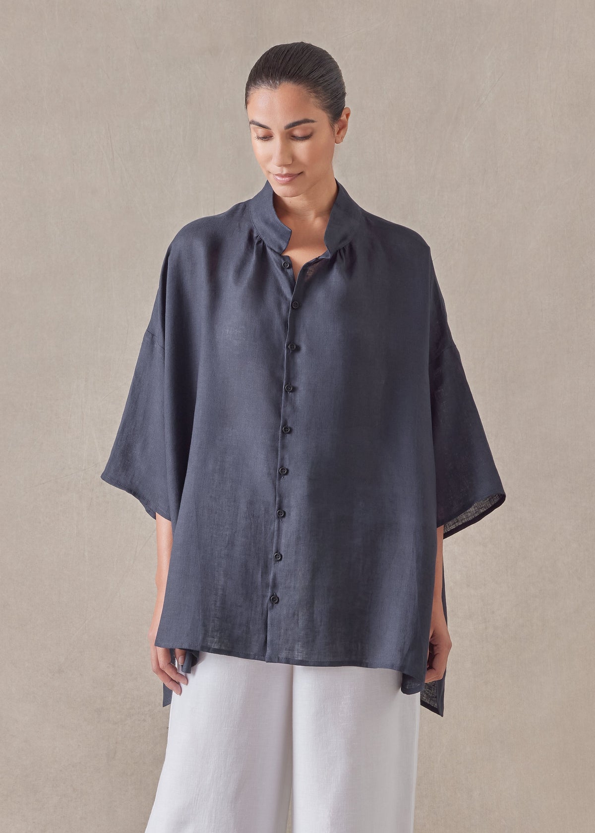 linen sloped shoulder wide a-line pleated collar short sleeve shirt - long