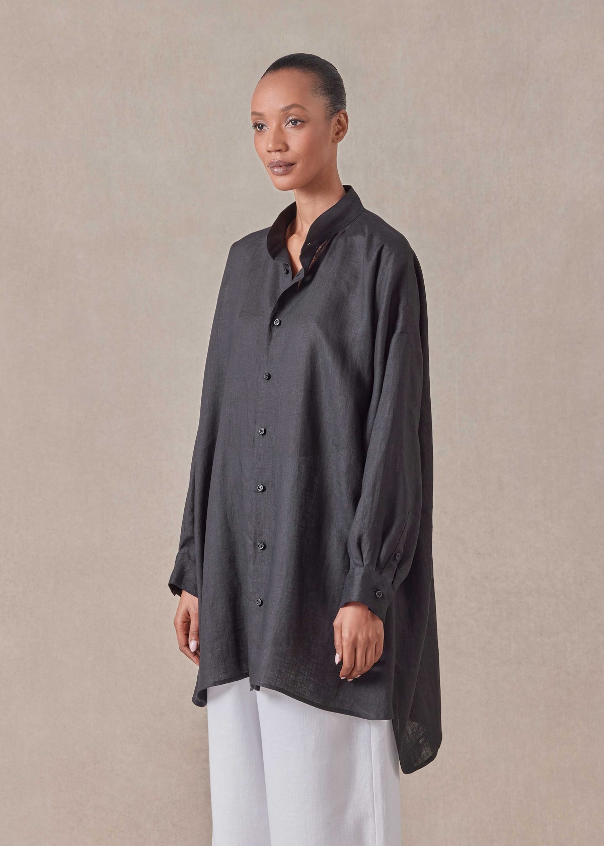 handkerchief linen wide a-line collarless classic shirt - long plus (black)