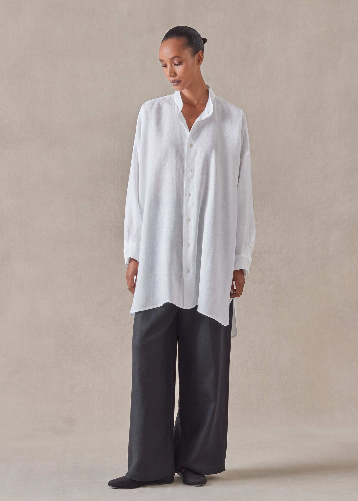 handkerchief linen wide a-line collarless classic shirt - long plus (white)
