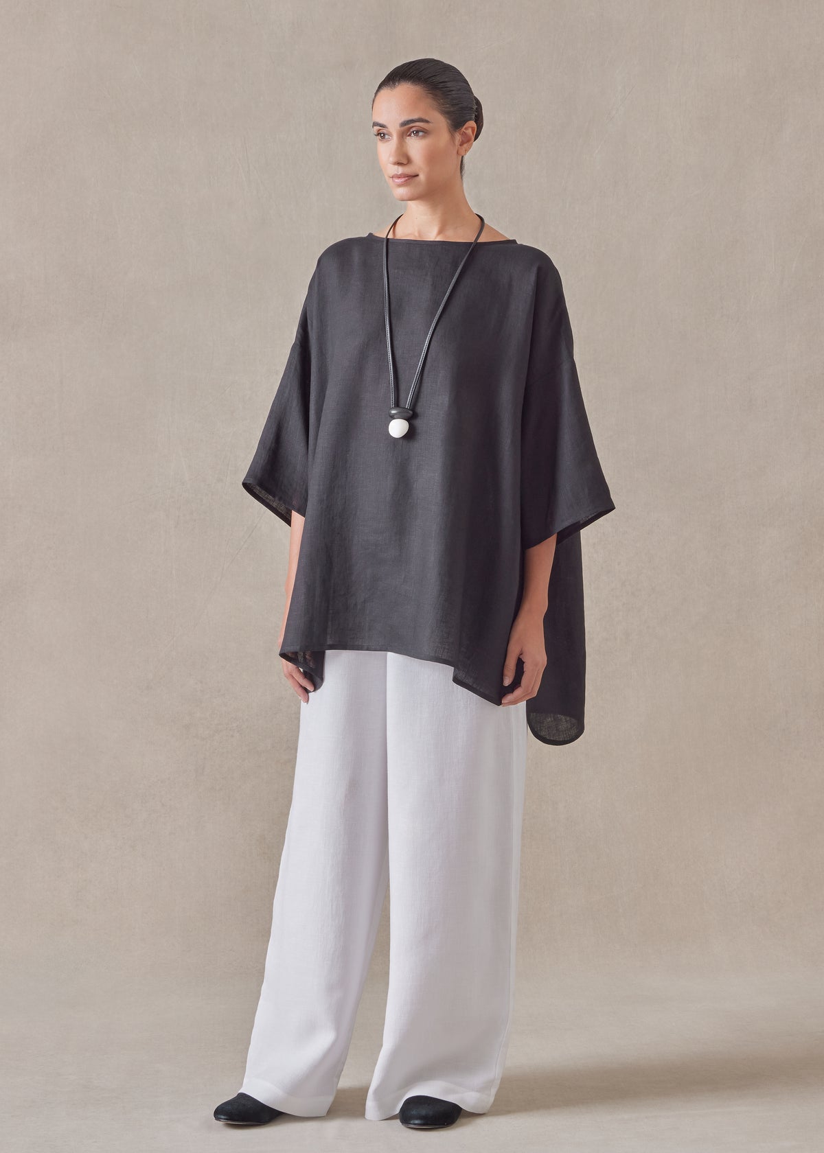 handkerchief linen sloped shoulder wide a-line scoop neck top - long (black)