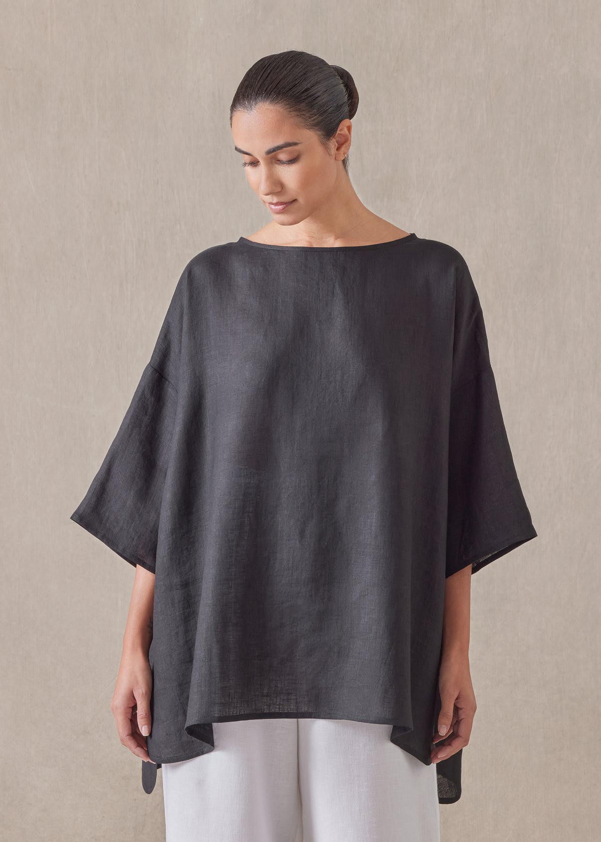 handkerchief linen sloped shoulder wide a-line scoop neck top - long (black)