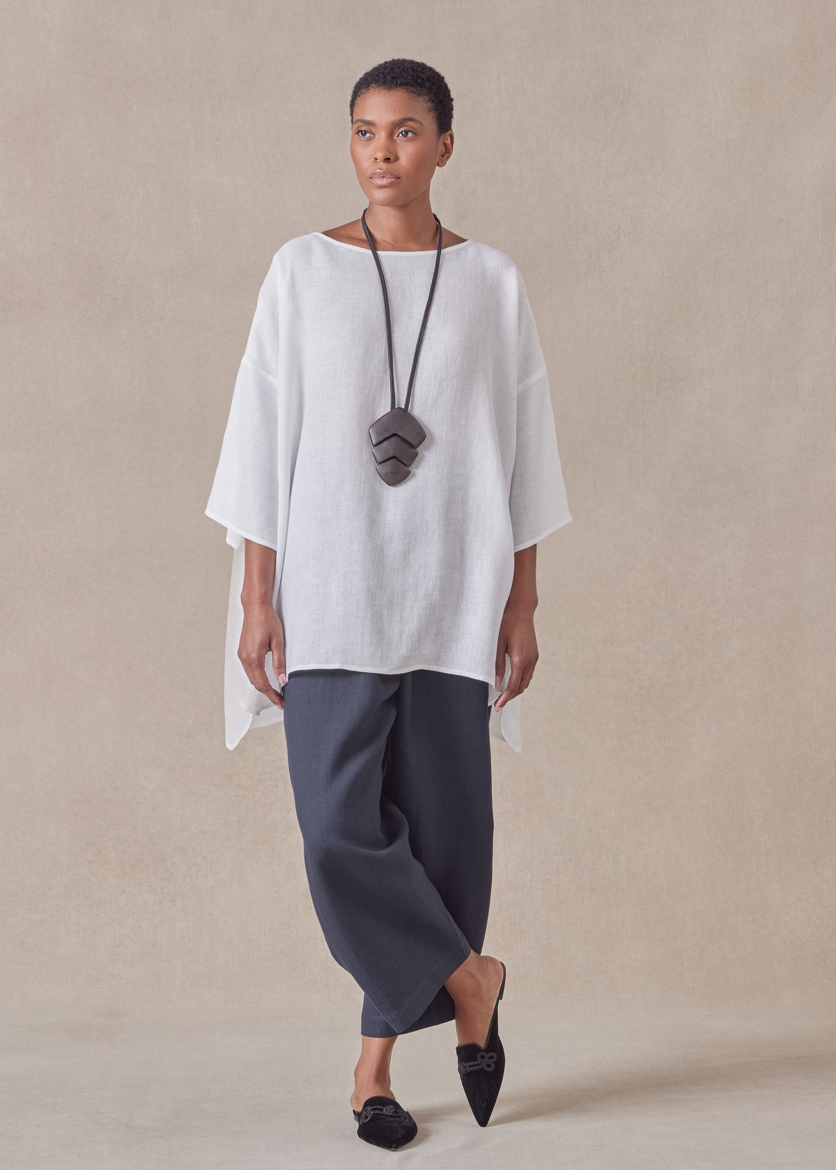 handkerchief linen sloped shoulder wide a-line scoop neck top - long (white)