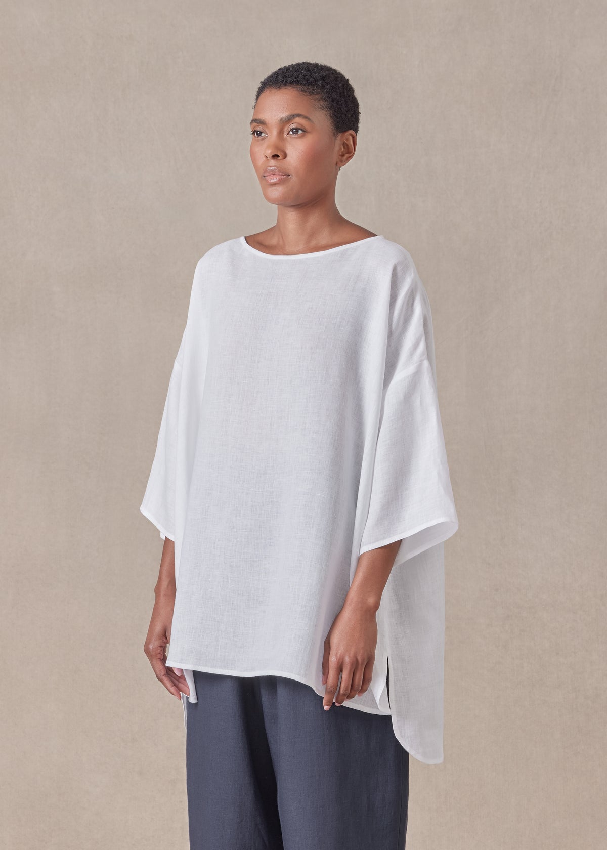 handkerchief linen sloped shoulder wide a-line scoop neck top - long (white)