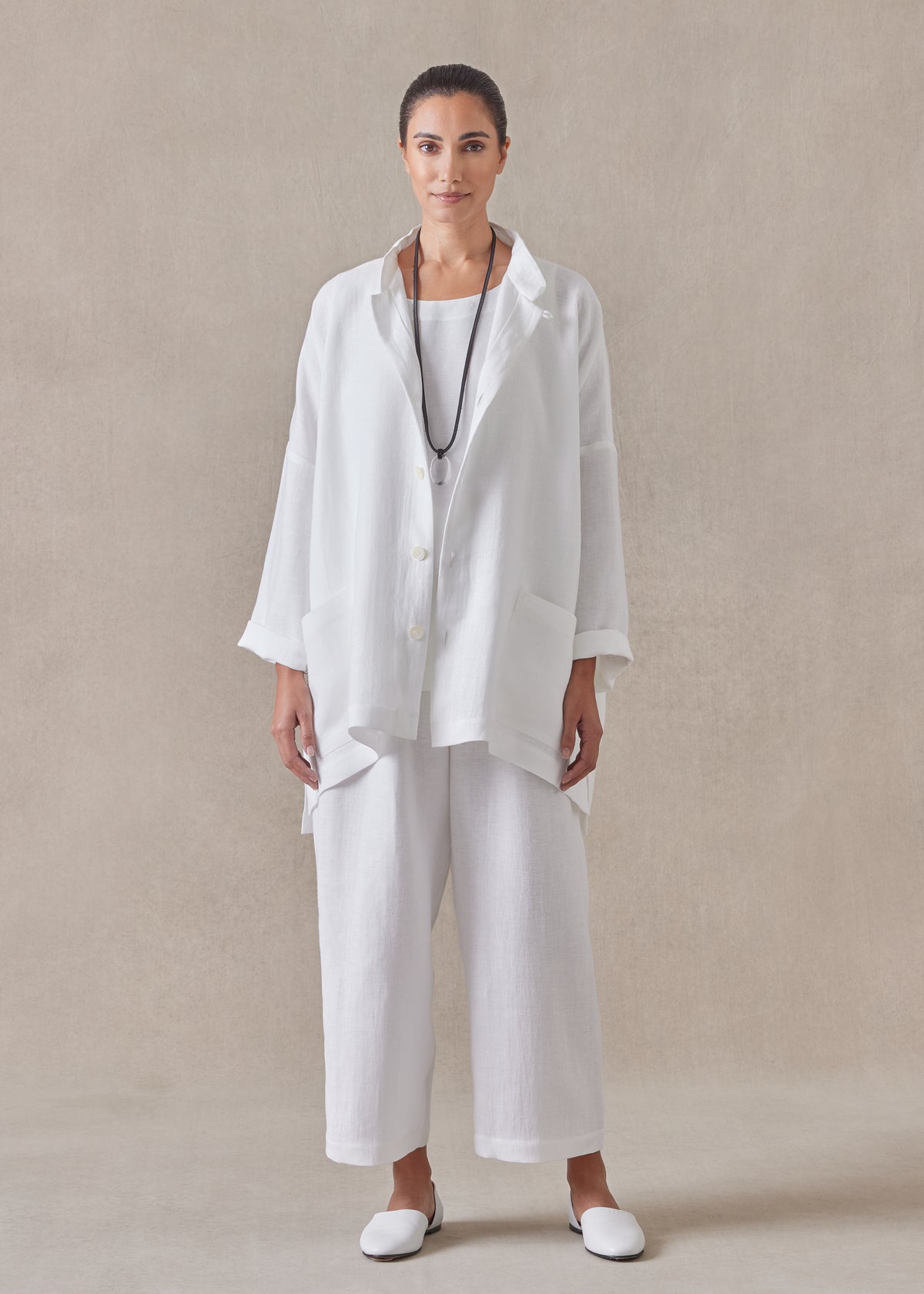 Heavyweight linen longer back wide mandarin jacket - long (white)