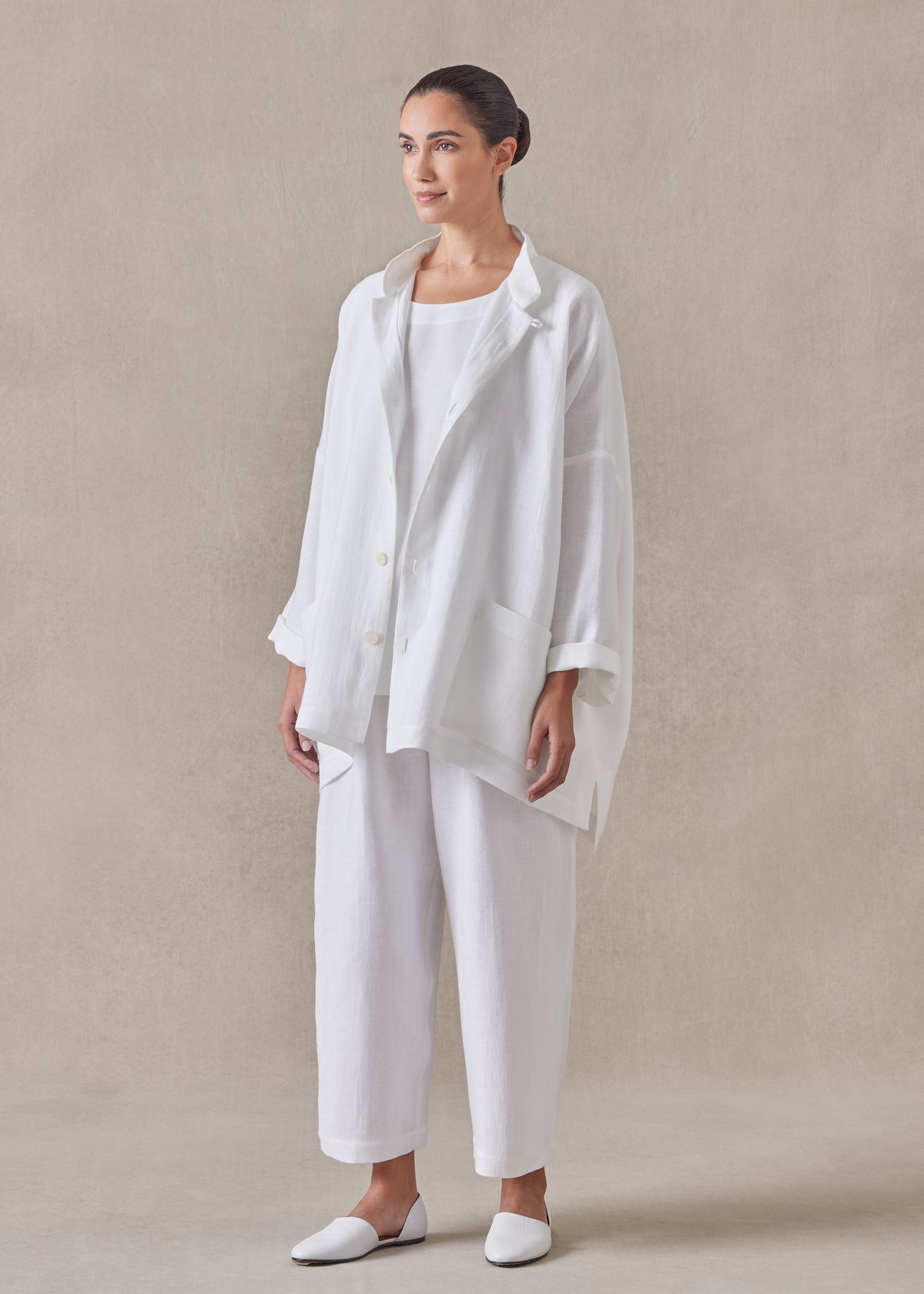 Heavyweight linen longer back wide mandarin jacket - long (white)