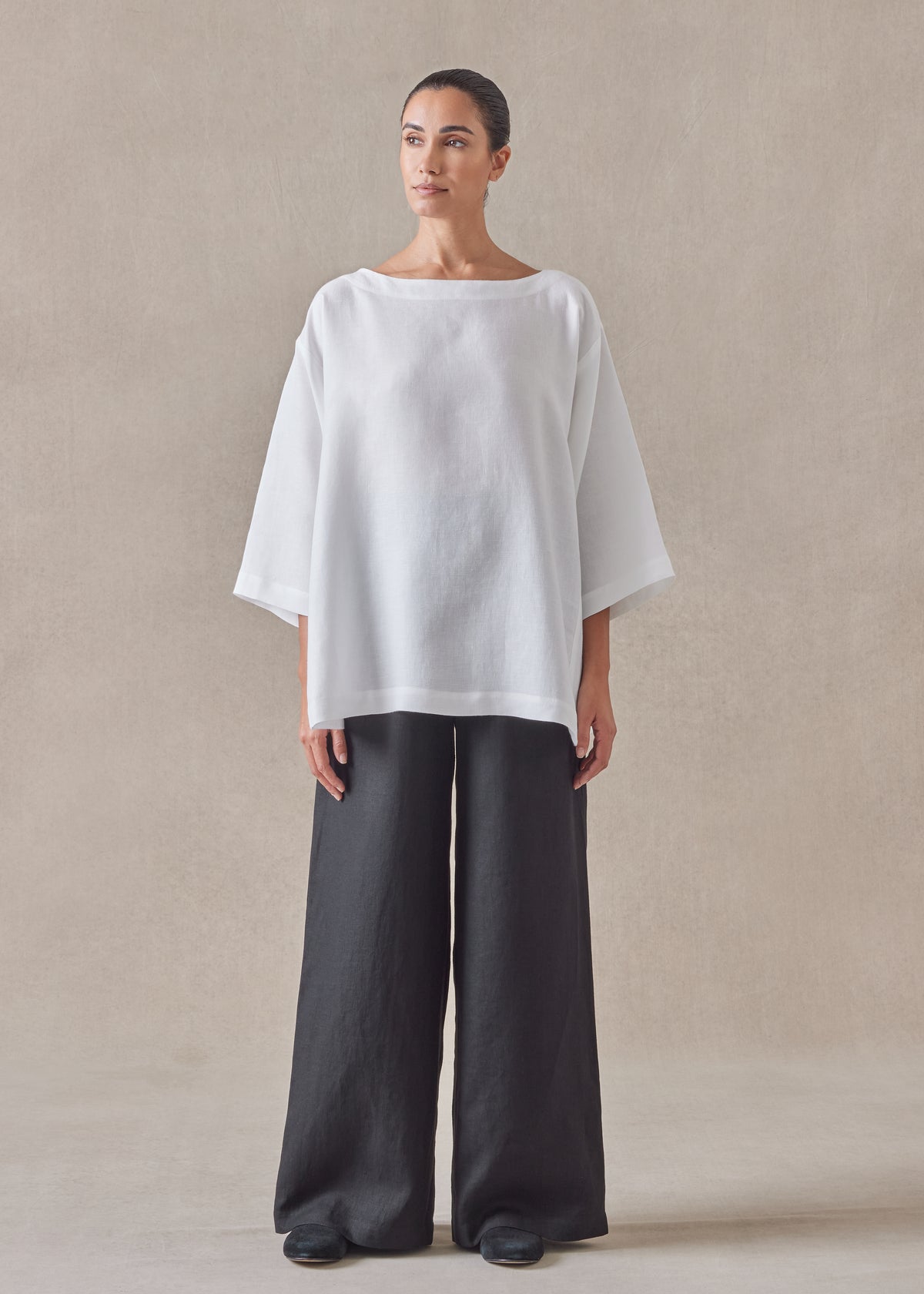 linen side panelled 3/4 sleeve scoop neck tunic - mid plus