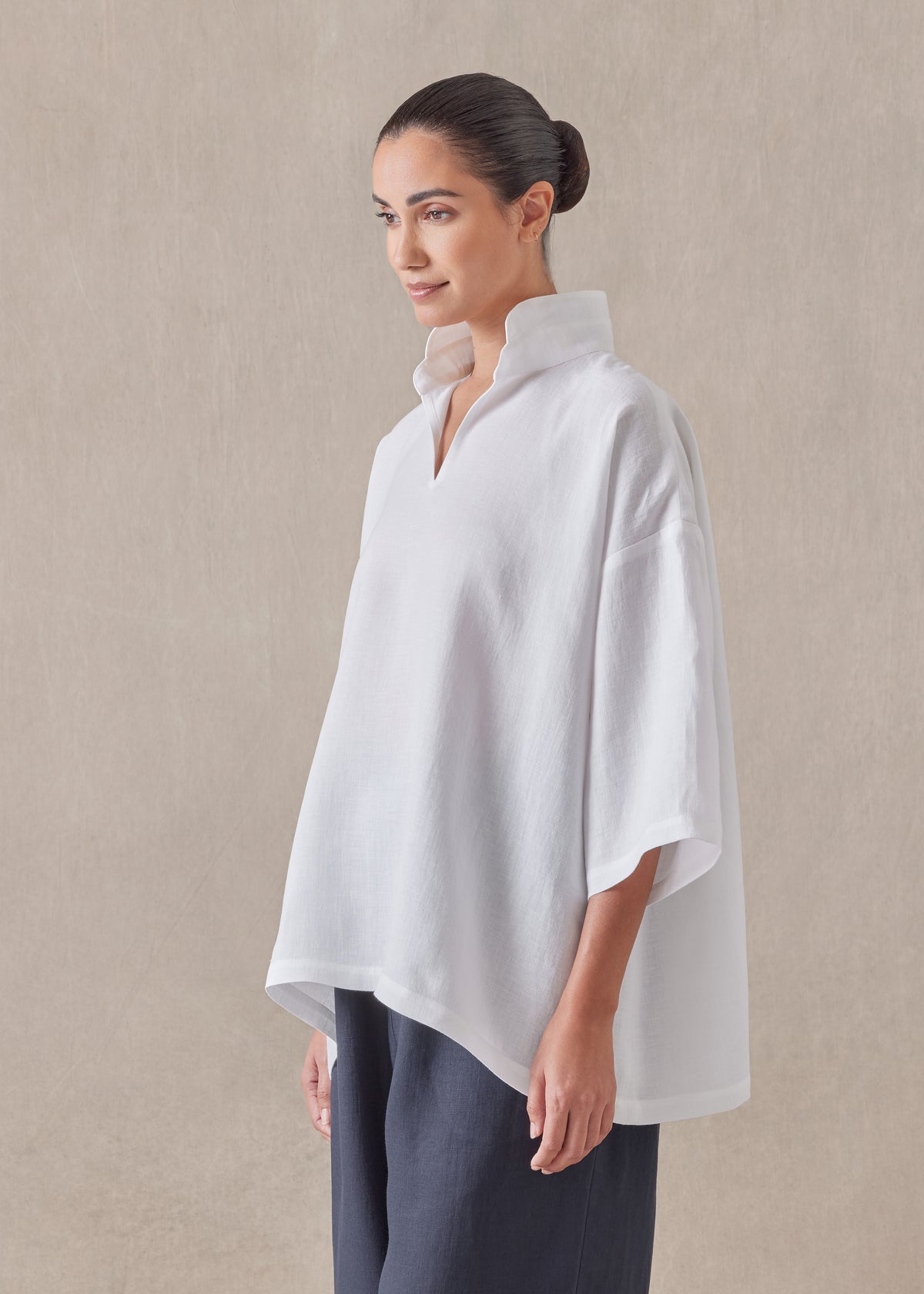 lightweight linen a-line short sleeve tunic with double stand collar - mid (white)