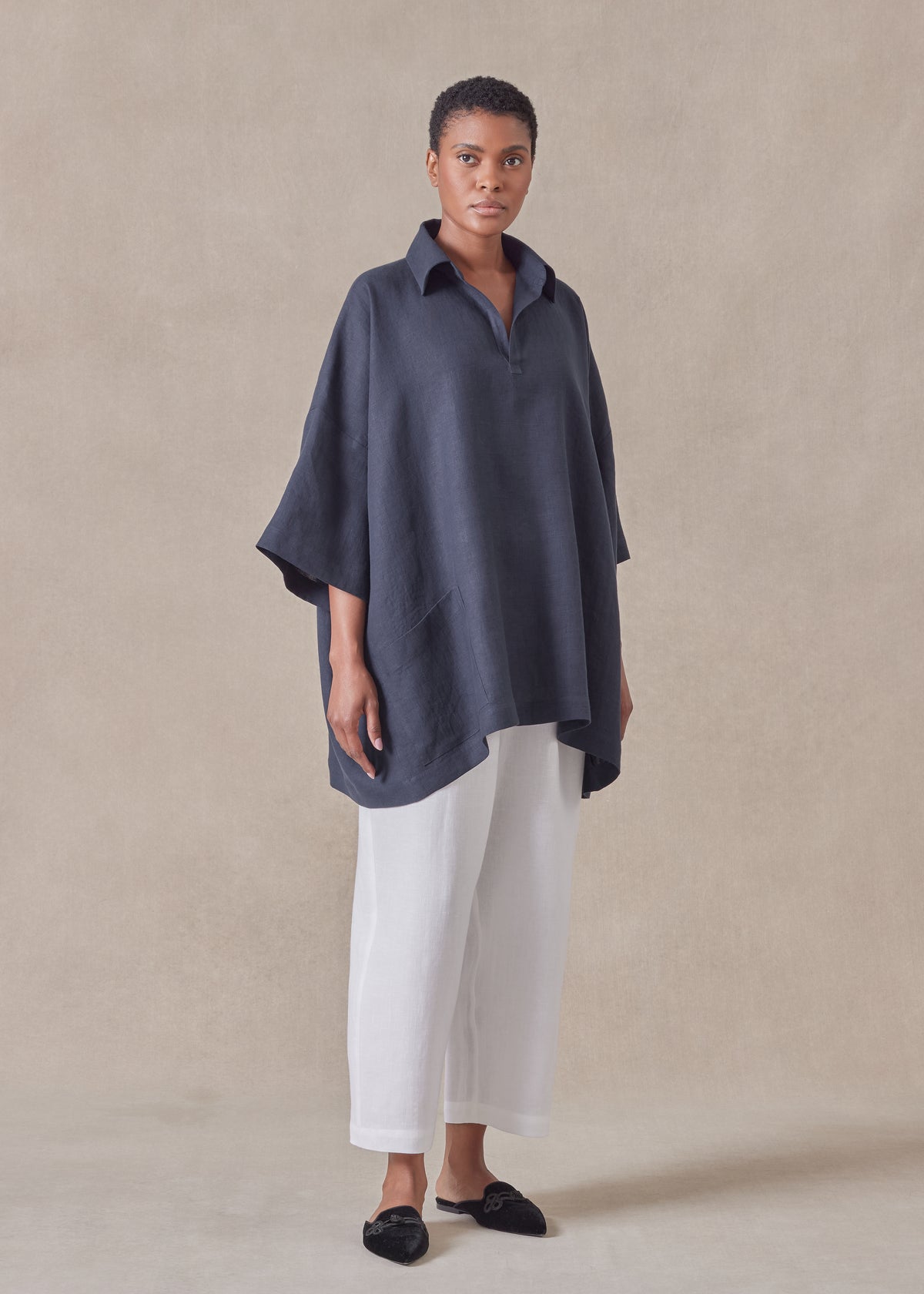 lightweight linen angle to front side seam short sleeve tunic with collar - long (navydark)
