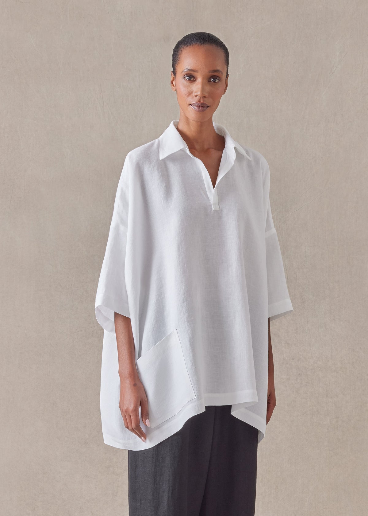 lightweight linen angle to front side seam short sleeve tunic with collar - long (white)