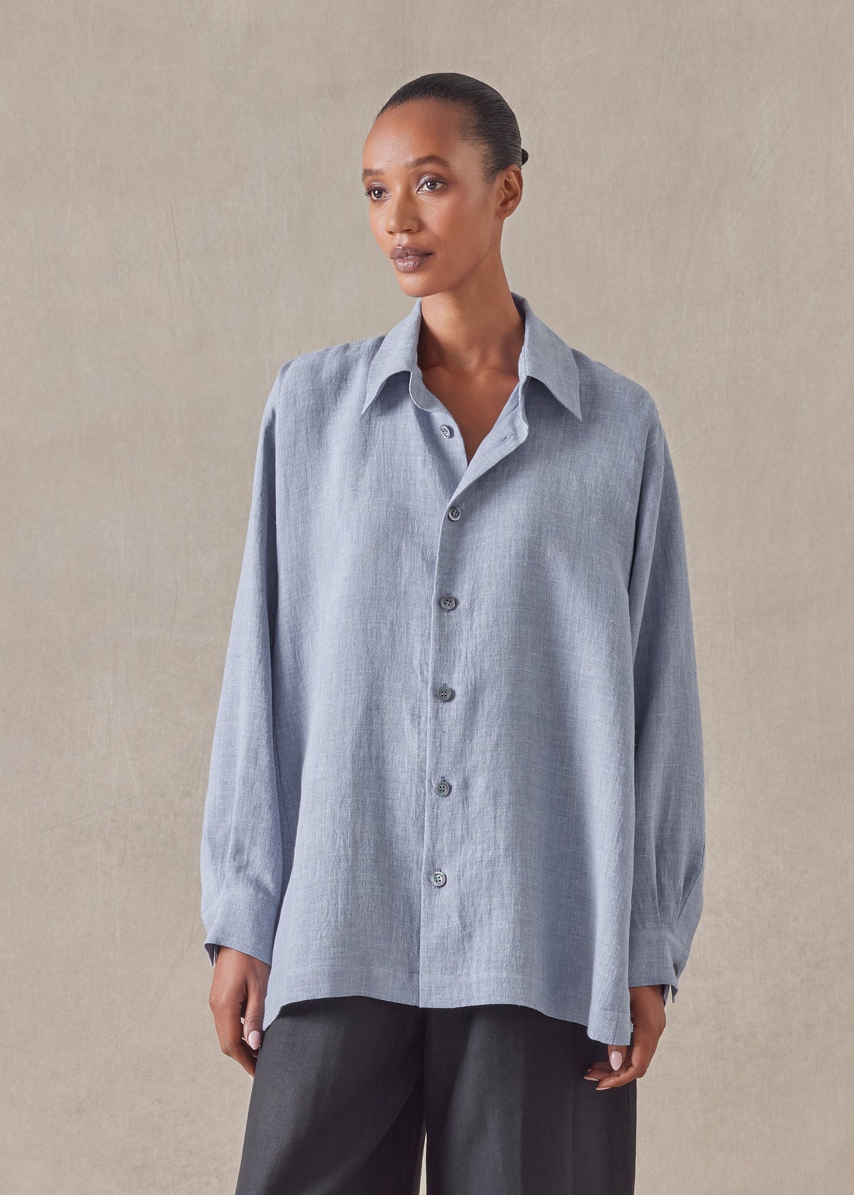 melange linen caucasus shirt with collar - long (jean)