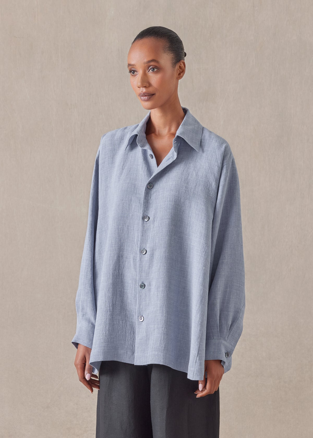 melange linen caucasus shirt with collar - long (jean)