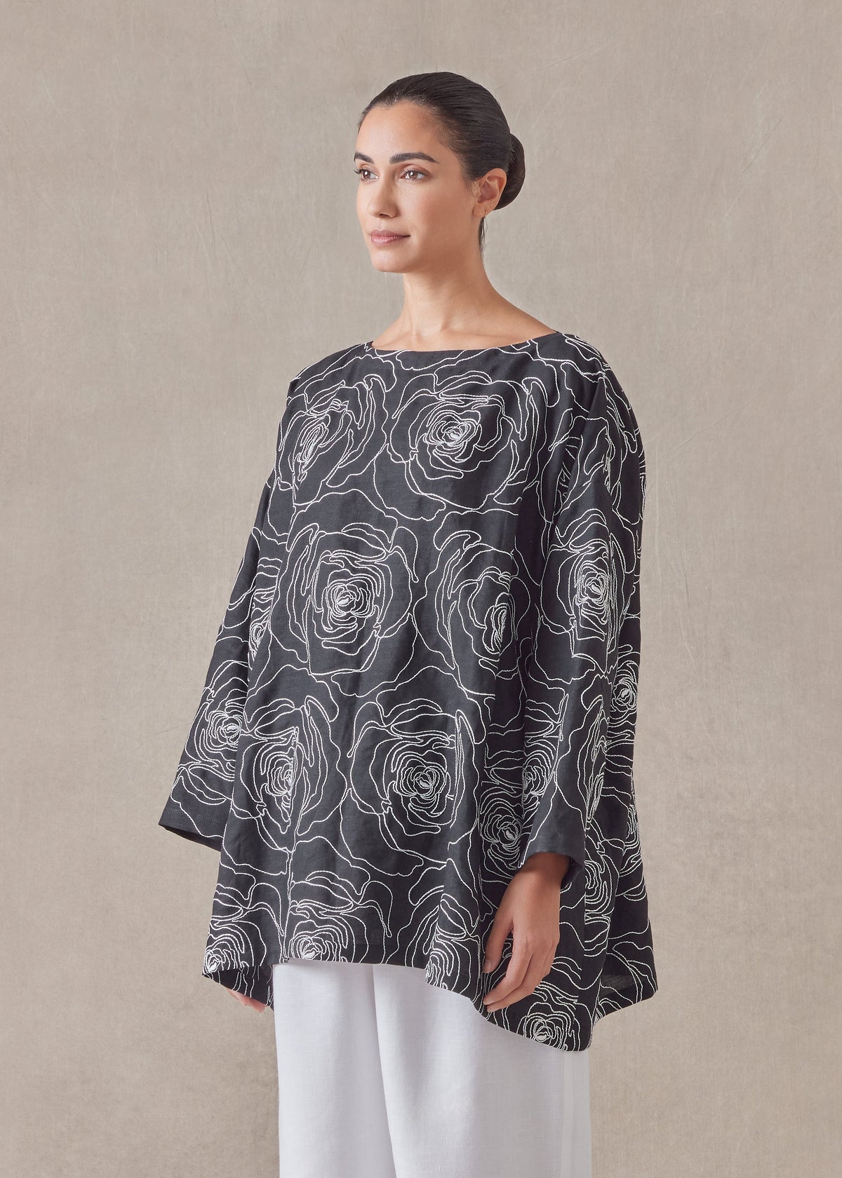 embroidered linen wide a-line scoop neck tunic - long