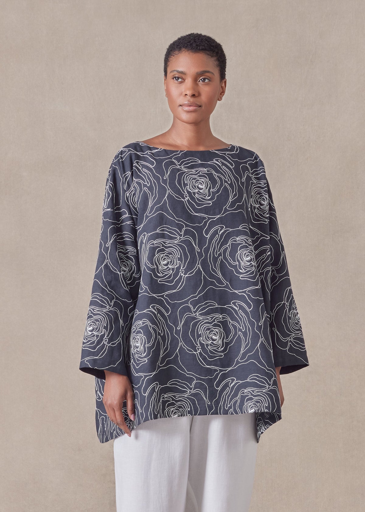 embroidered linen wide a-line scoop neck tunic - long