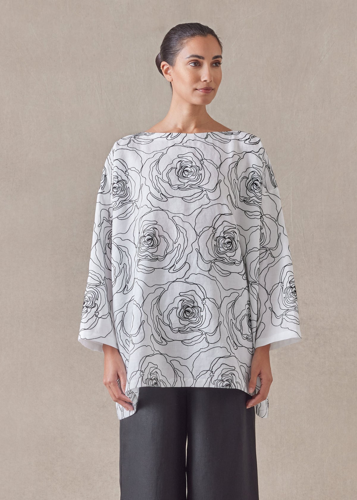 embroidered linen wide a-line scoop neck tunic - long