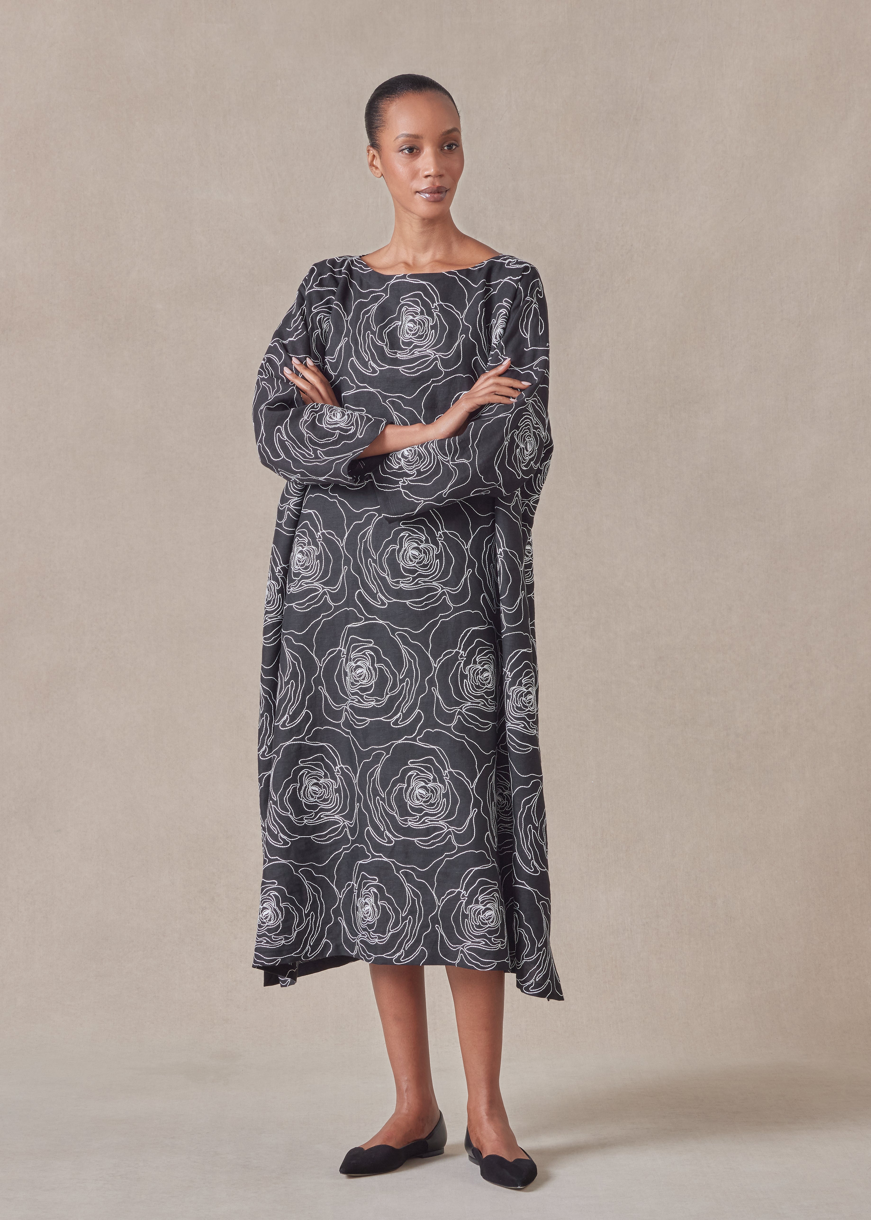 embroidered linen wide a-line scoop neck dress