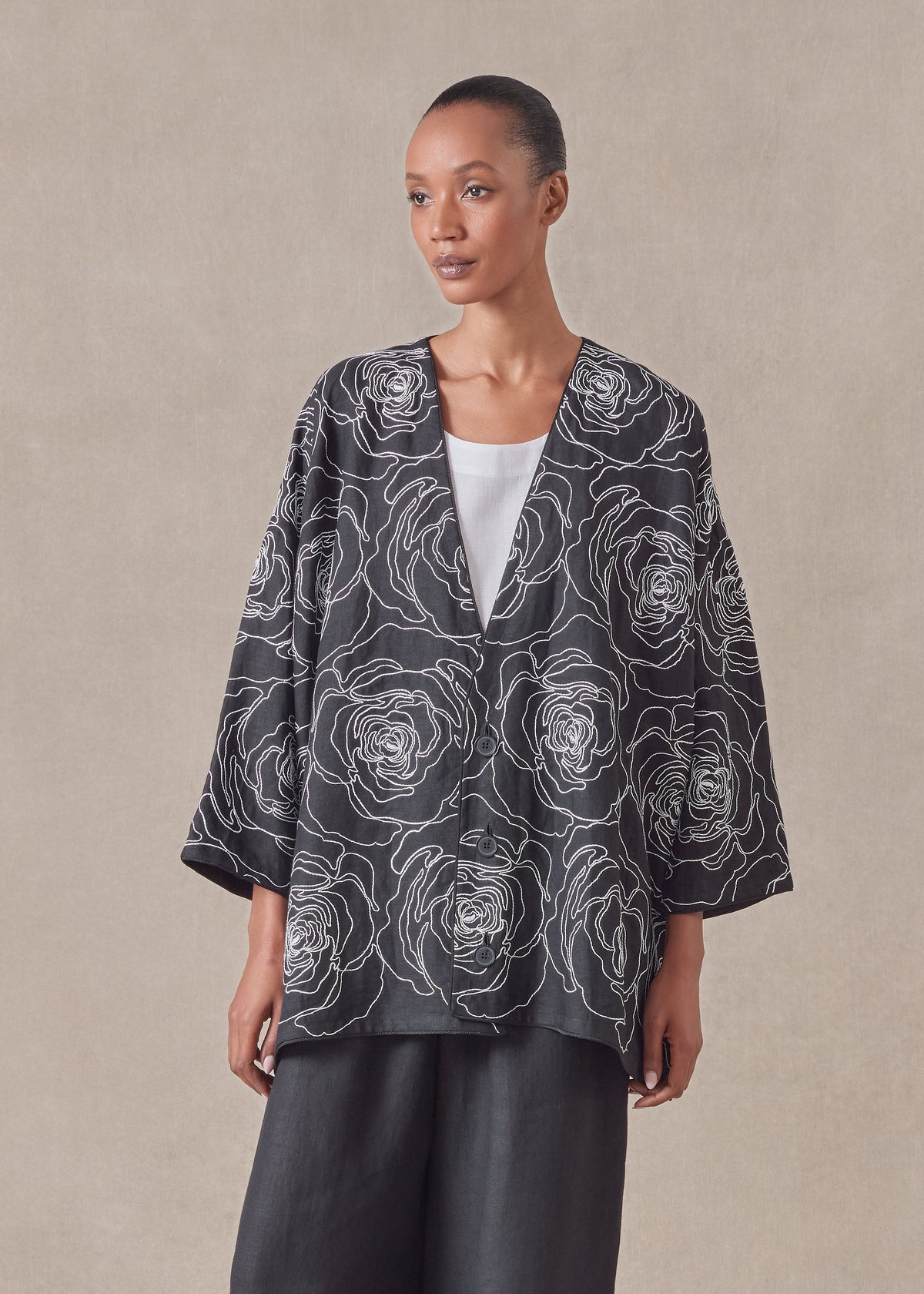 embroidered linen wide a-line v-neck jacket - long