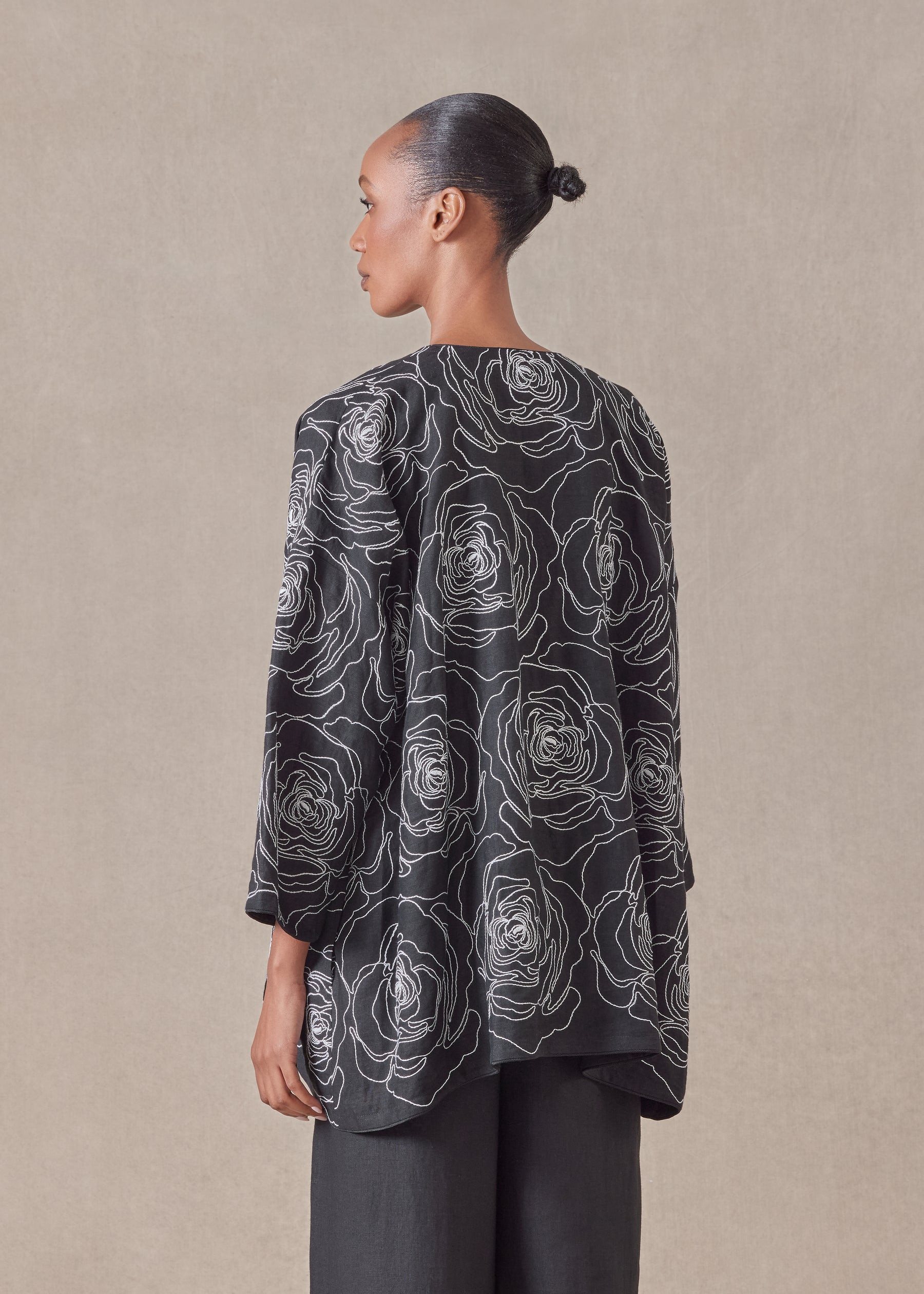 cotton linen mix wide a-line v-neck jacket - long