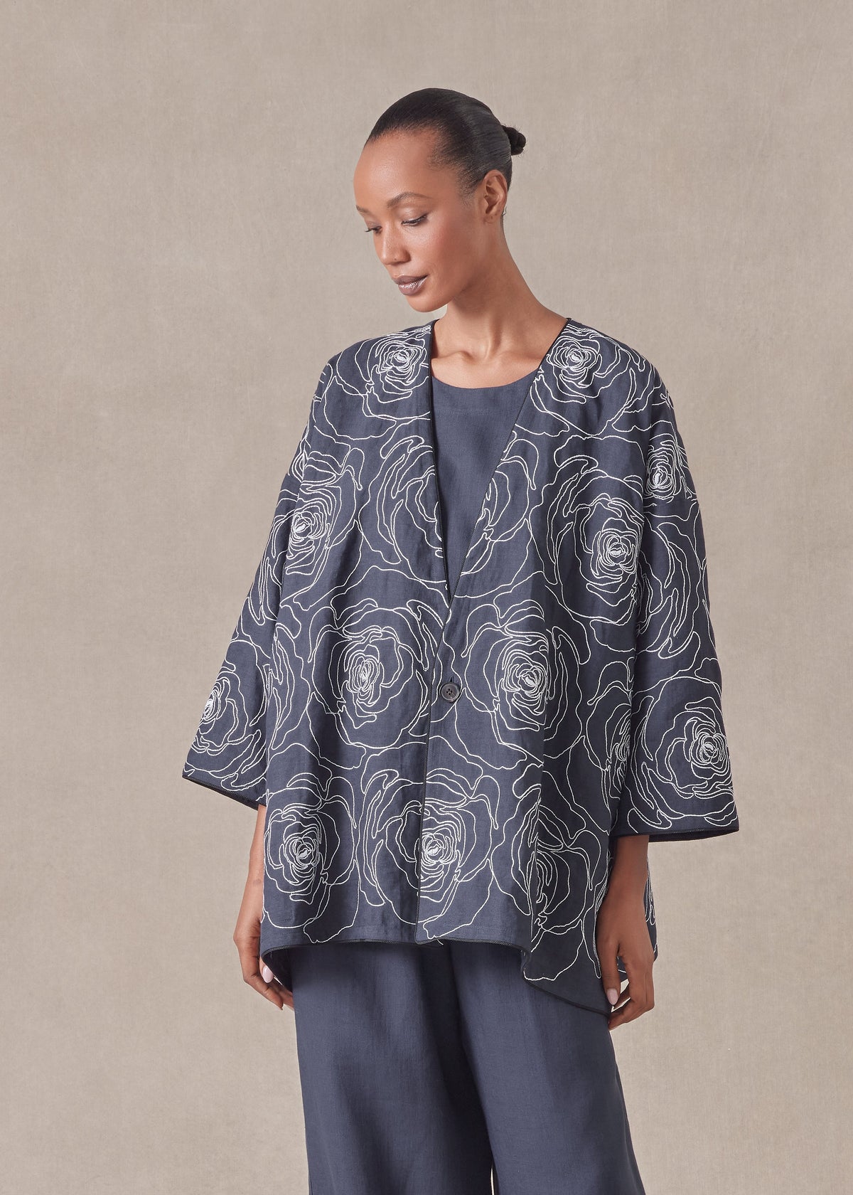 embroidered linen wide a-line v-neck jacket - long