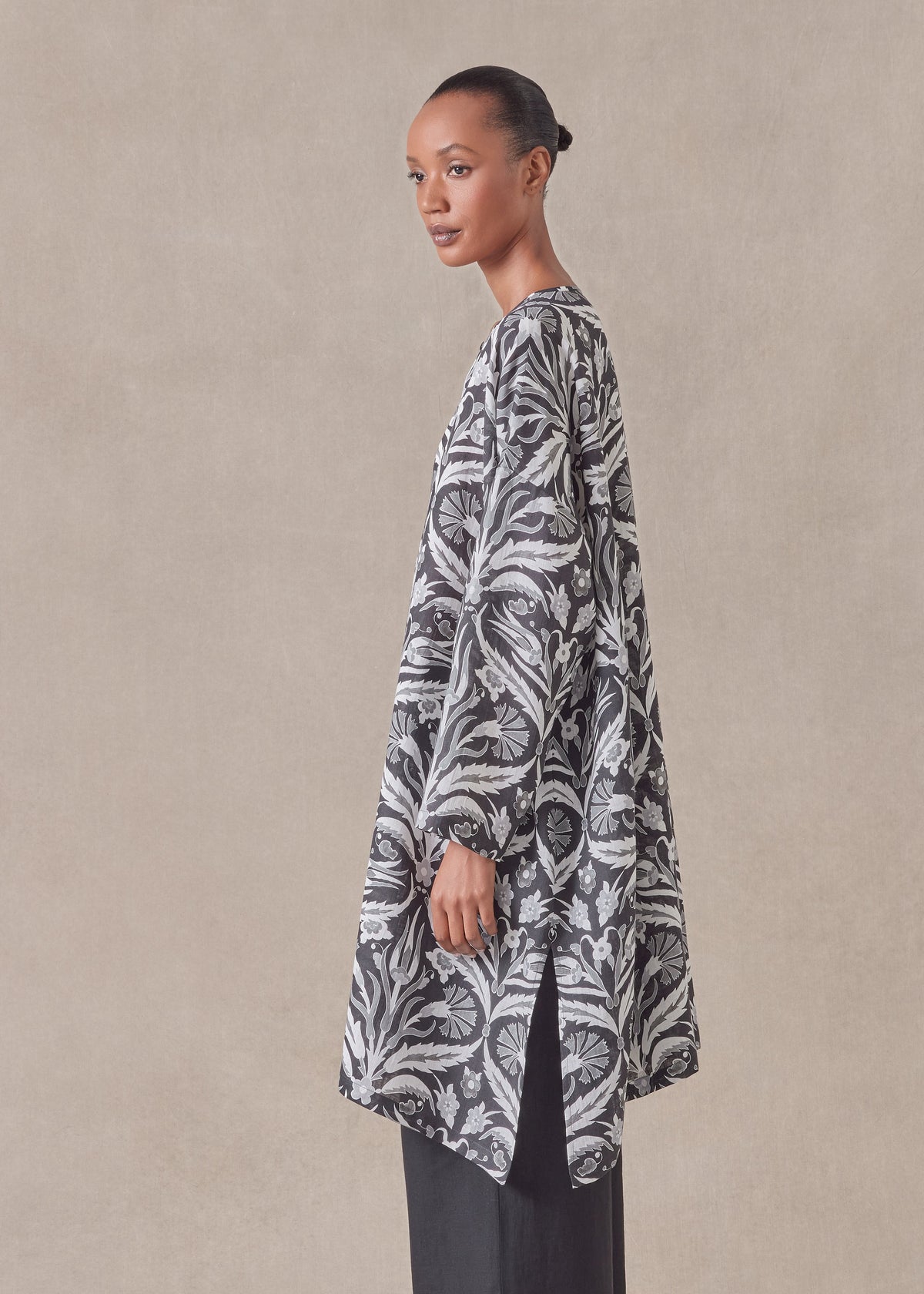 linen wide a-line bound neck shirt - very long with slits