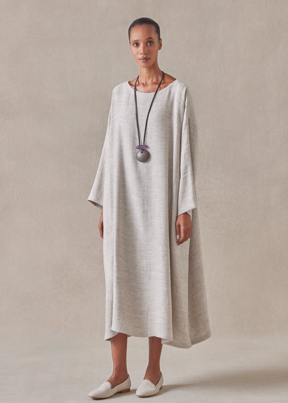 textured linen mix wide a-line scoop neck dress (natural)
