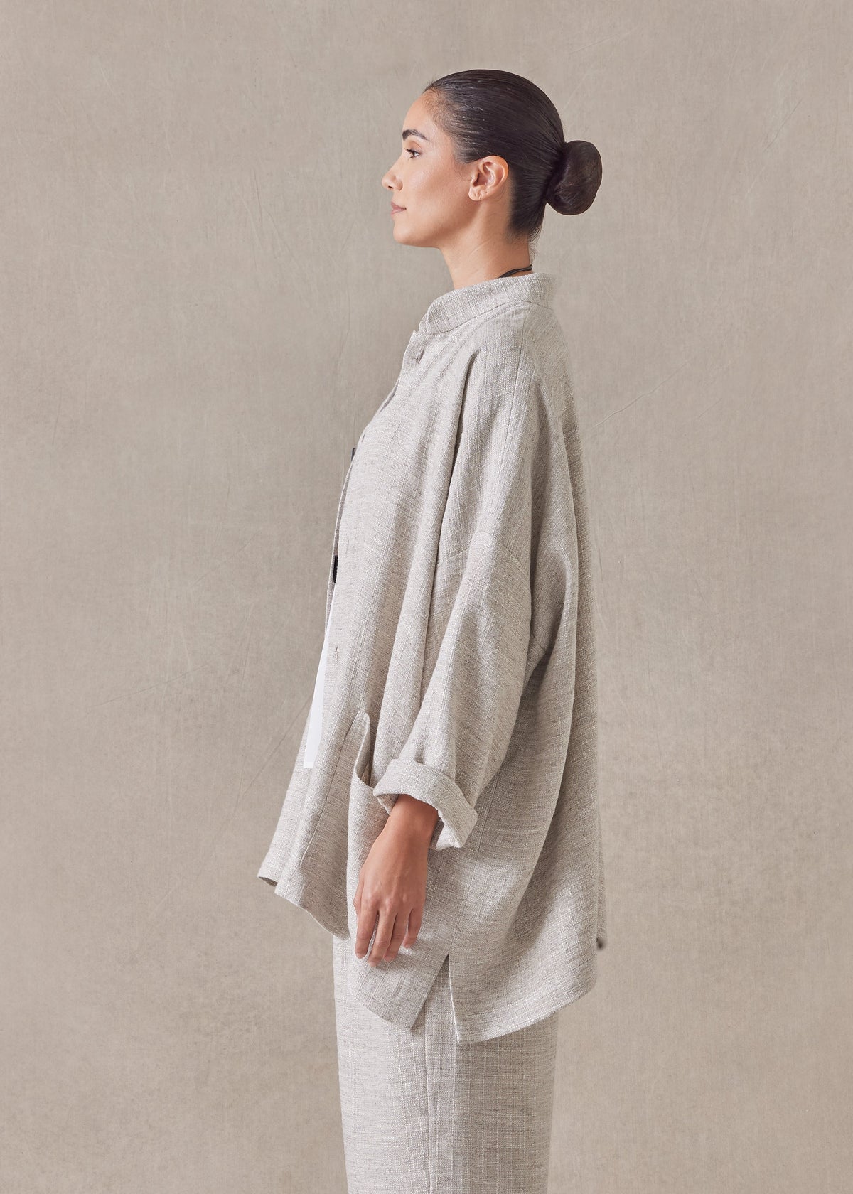 textured linen mix wide mandarin jacket - long (natural)