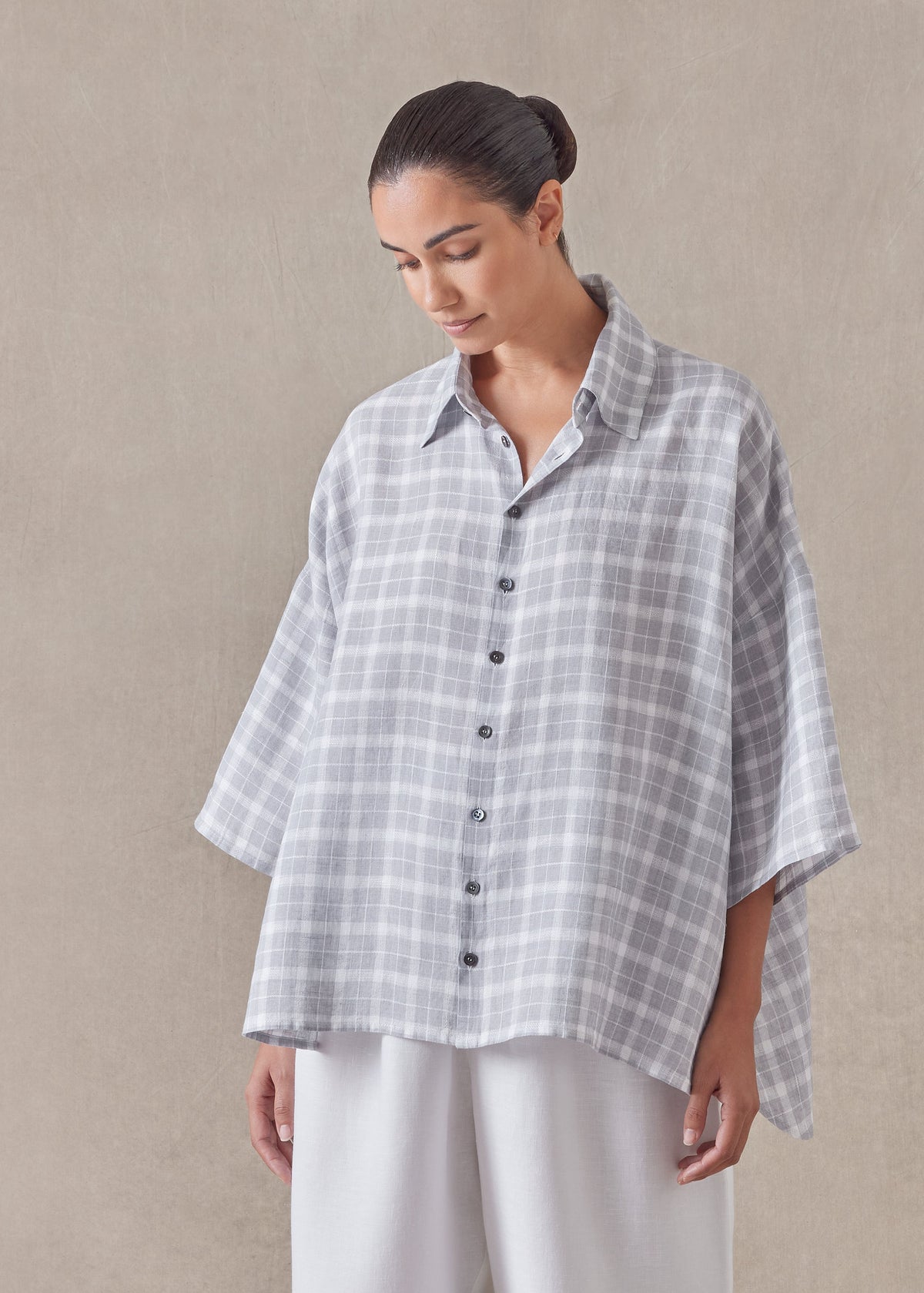 linen sloped shoulder wide a-line short sleeve shirt with collar - mid