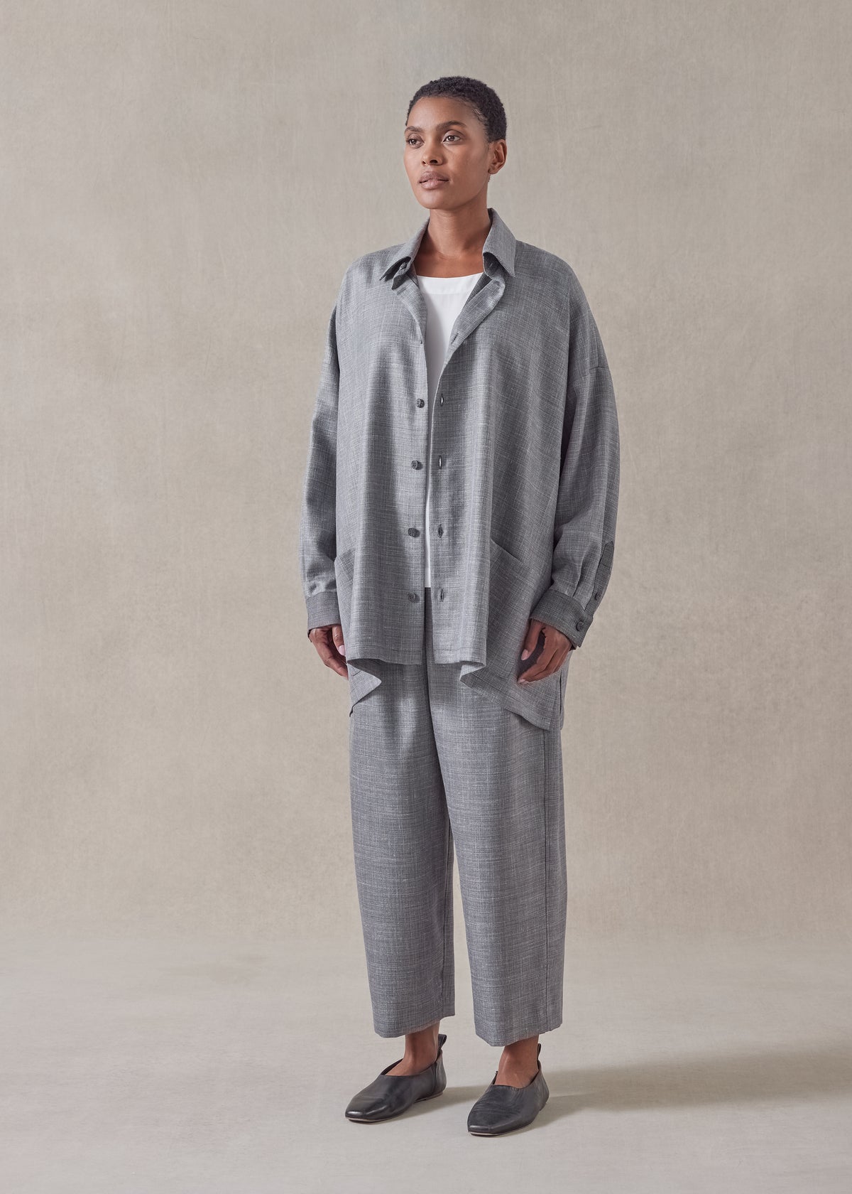 silk linen wool mix wide a-line shirt jacket with collar - long