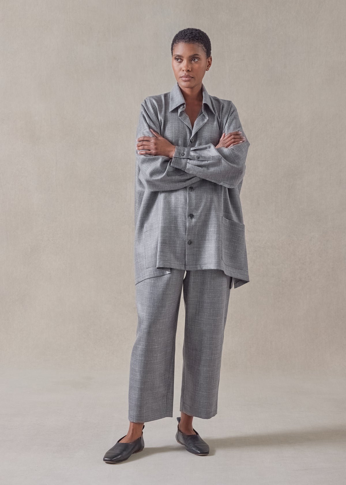 silk linen wool mix wide a-line shirt jacket with collar - long