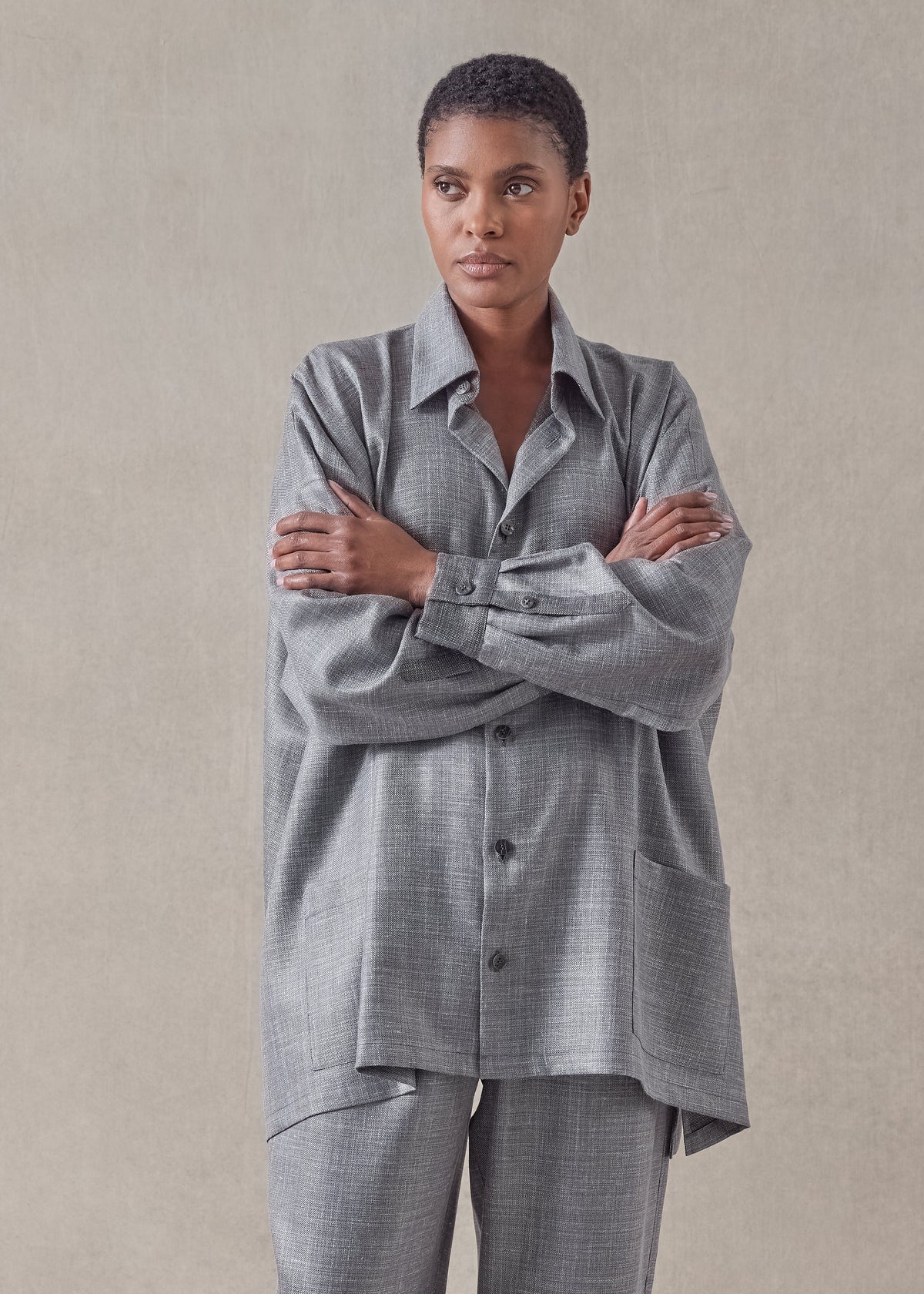 silk linen wool mix wide a-line shirt jacket with collar - long