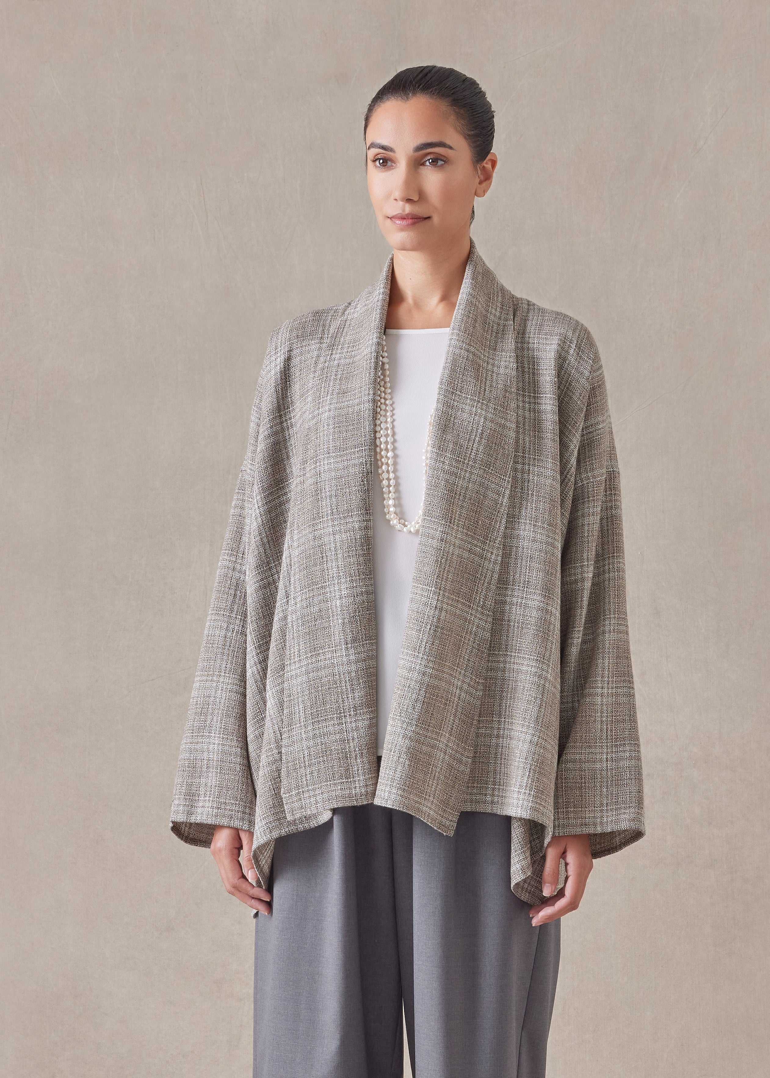 linen wool mix wide a-line scrunch shawl collar jacket - mid plus