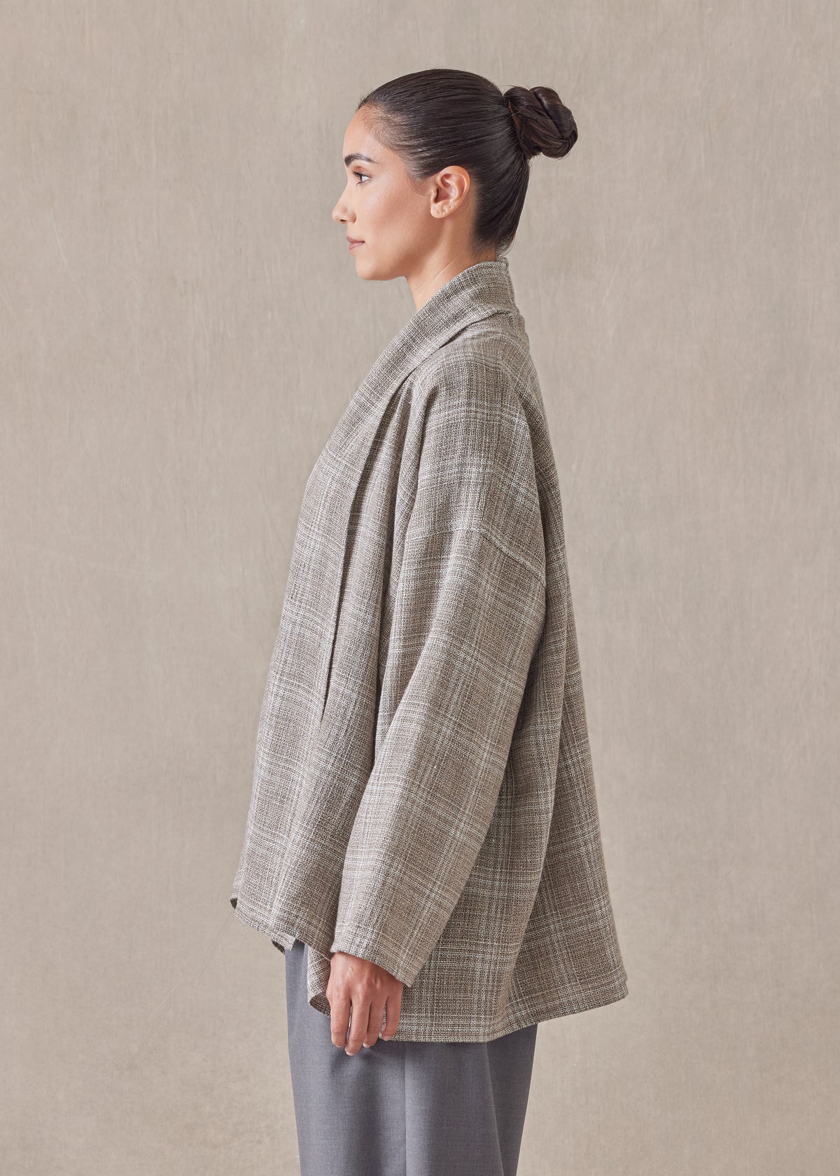 linen wool mix wide a-line scrunch shawl collar jacket - mid plus