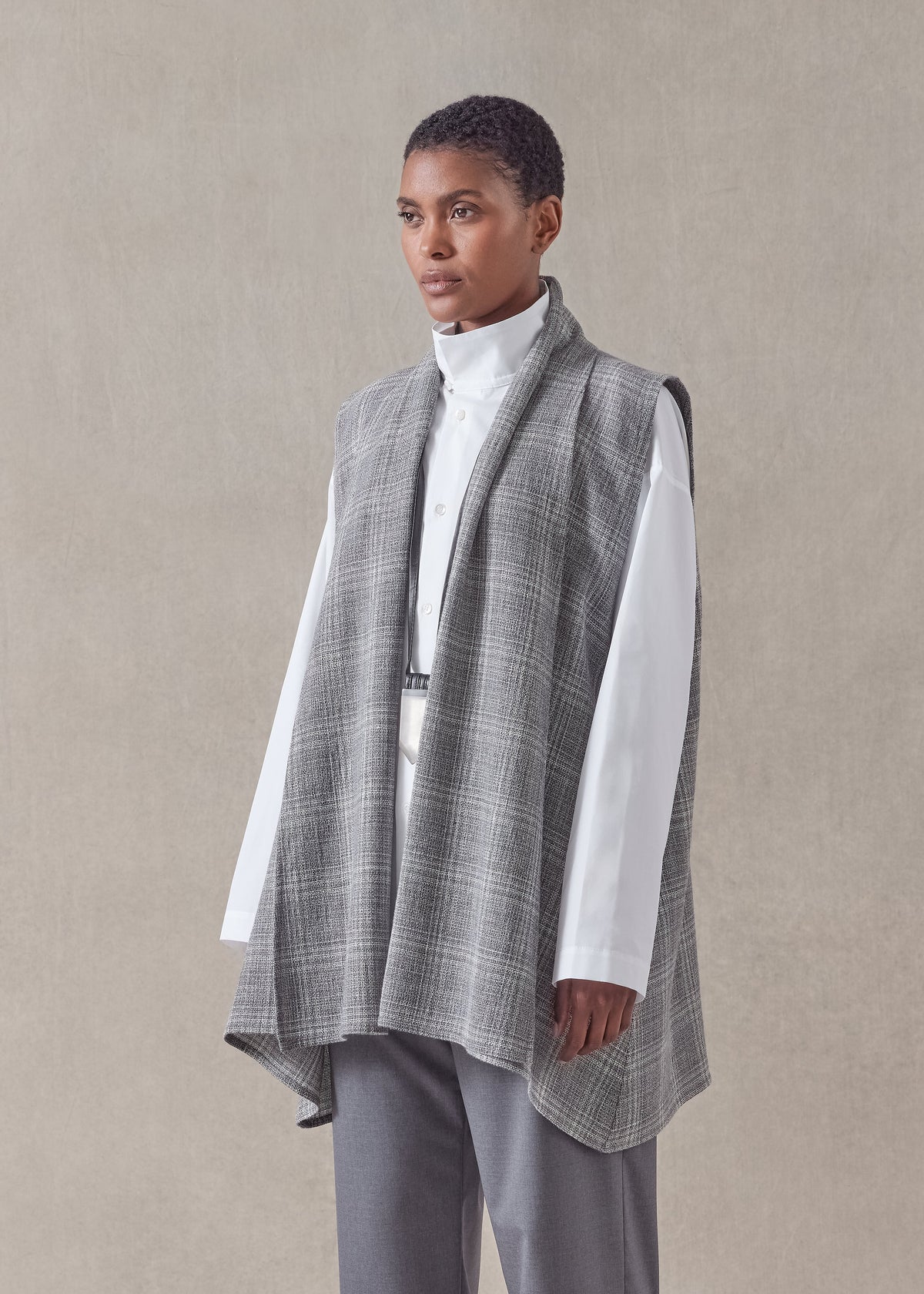 wool linen mix a-line scrunch shawl collar waistcoat - long