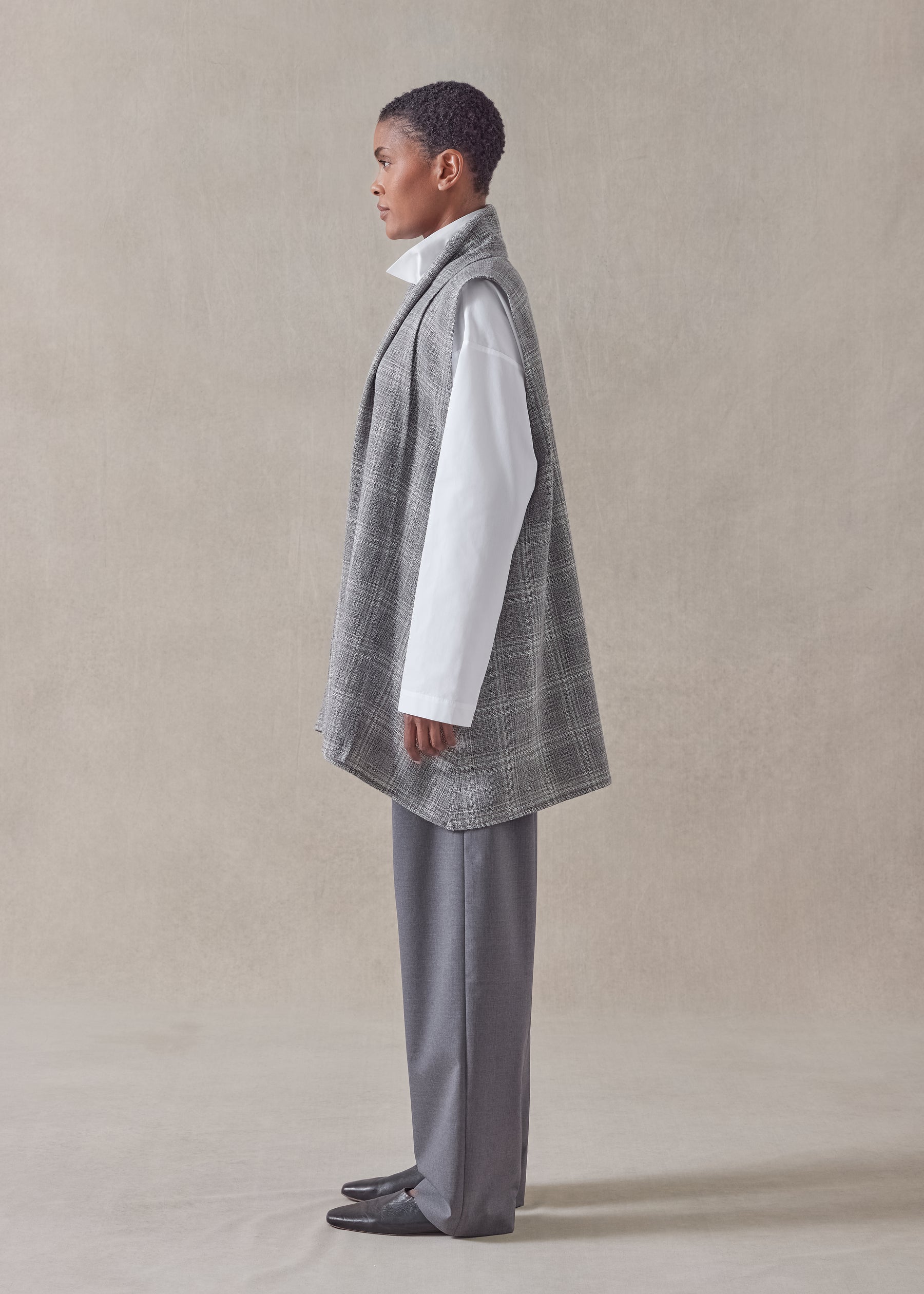 linen wool mix a-line scrunch shawl collar waistcoat - long