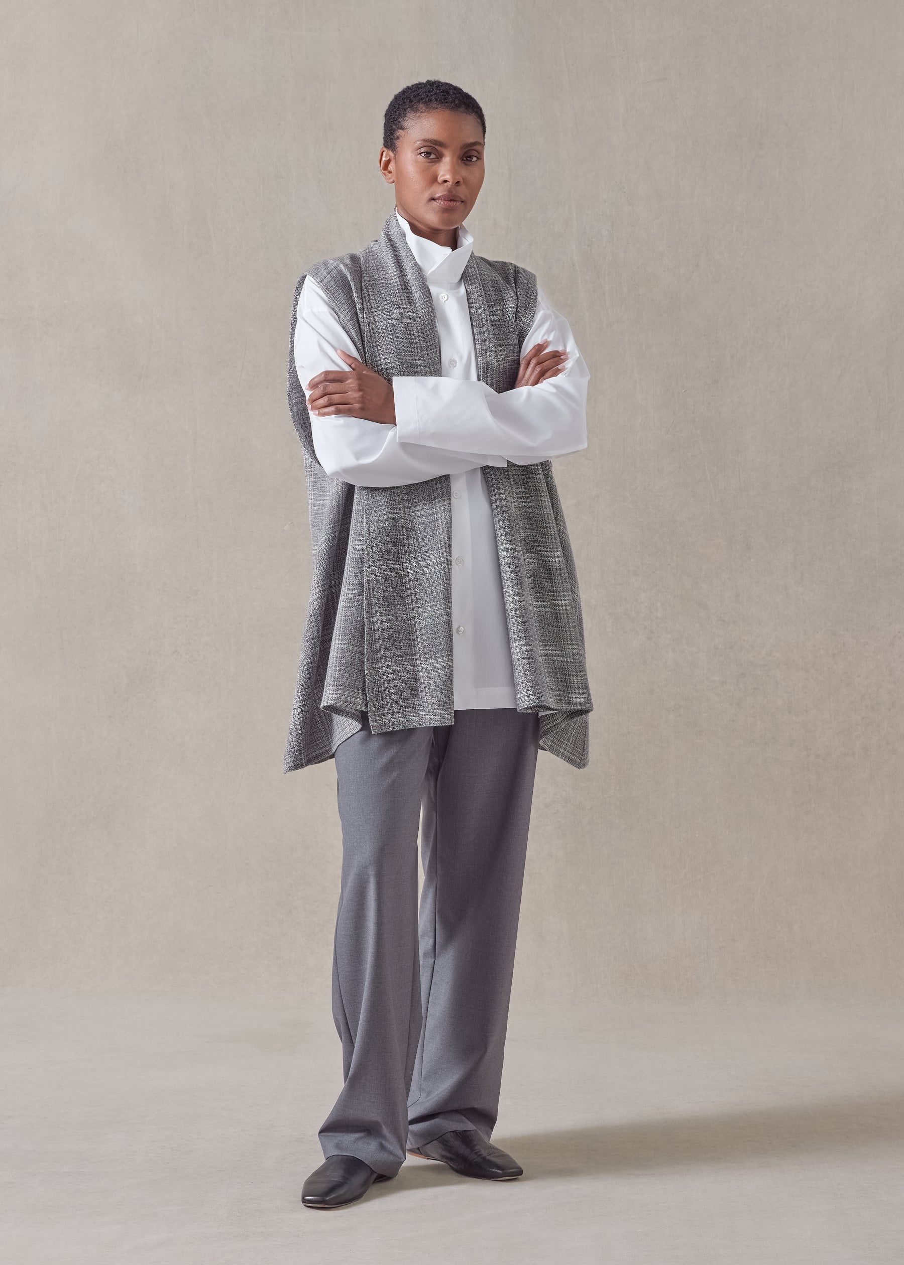 linen wool mix a-line scrunch shawl collar waistcoat - long