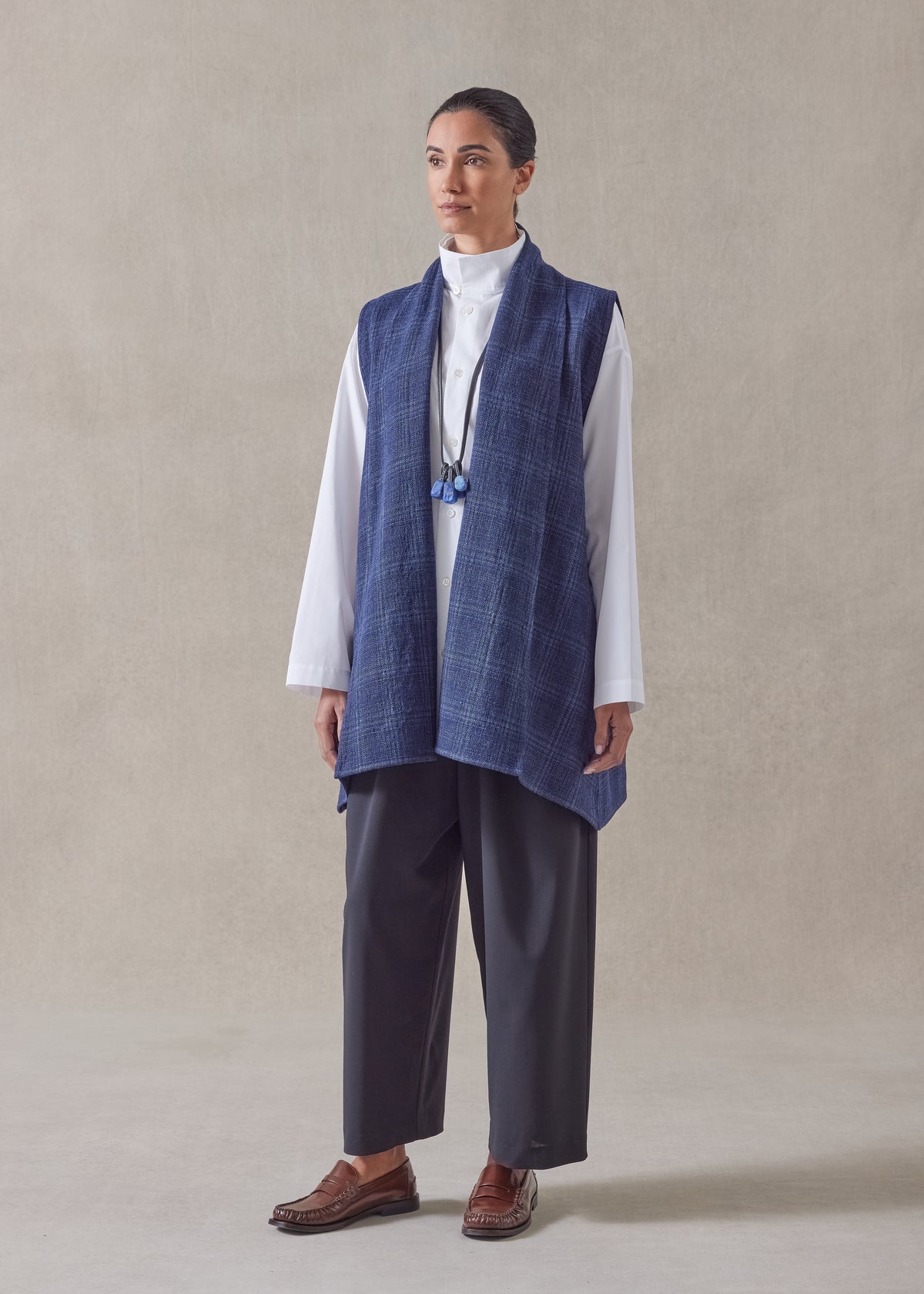 linen wool mix a-line scrunch shawl collar waistcoat - long