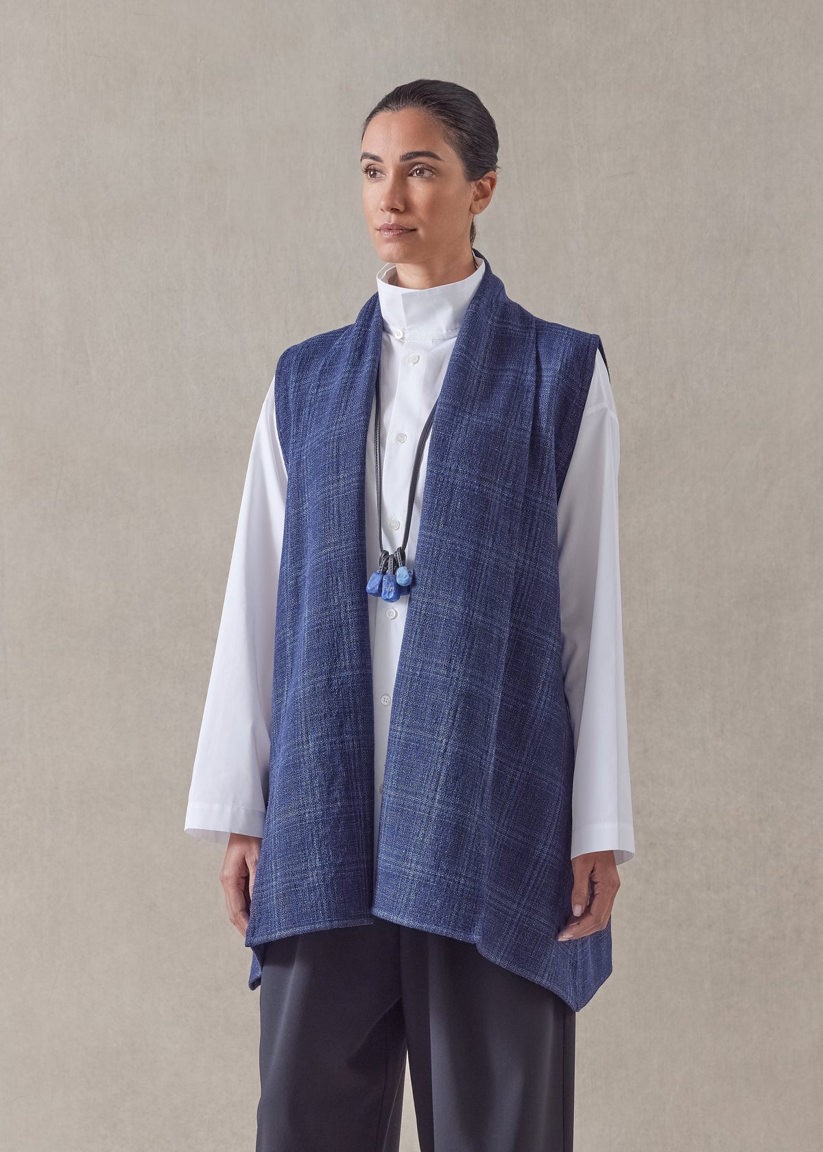 wool linen mix a-line scrunch shawl collar waistcoat - long