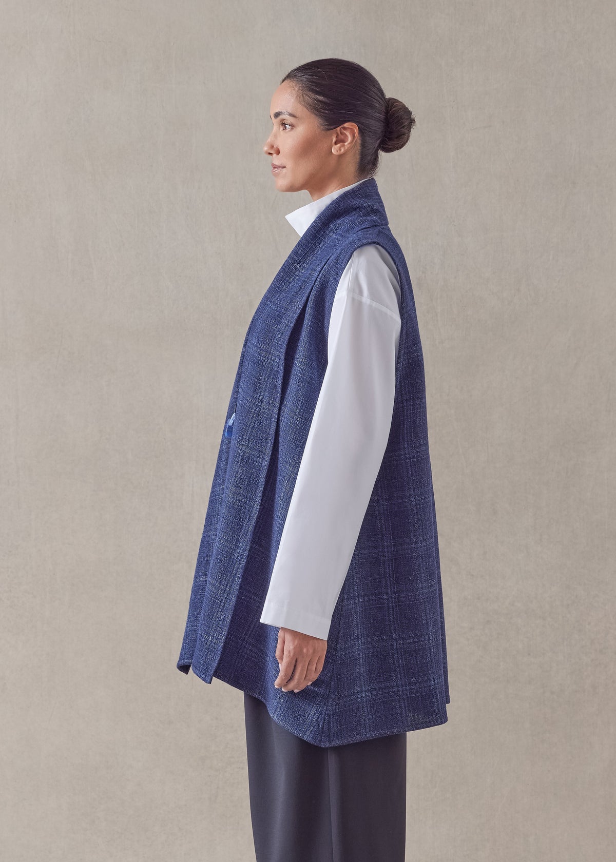 wool linen mix a-line scrunch shawl collar waistcoat - long