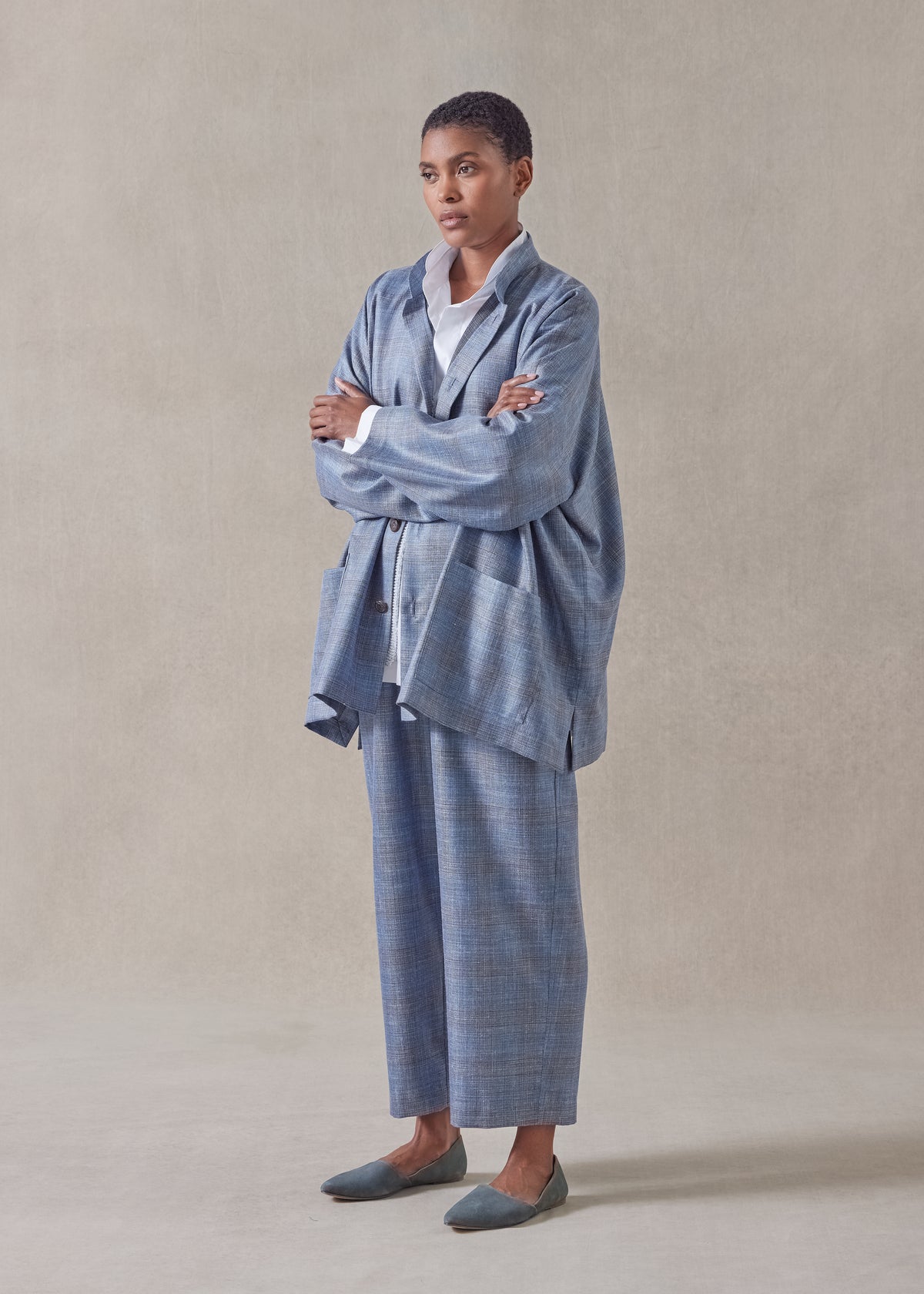 silk linen wool mix wide mandarin jacket - long