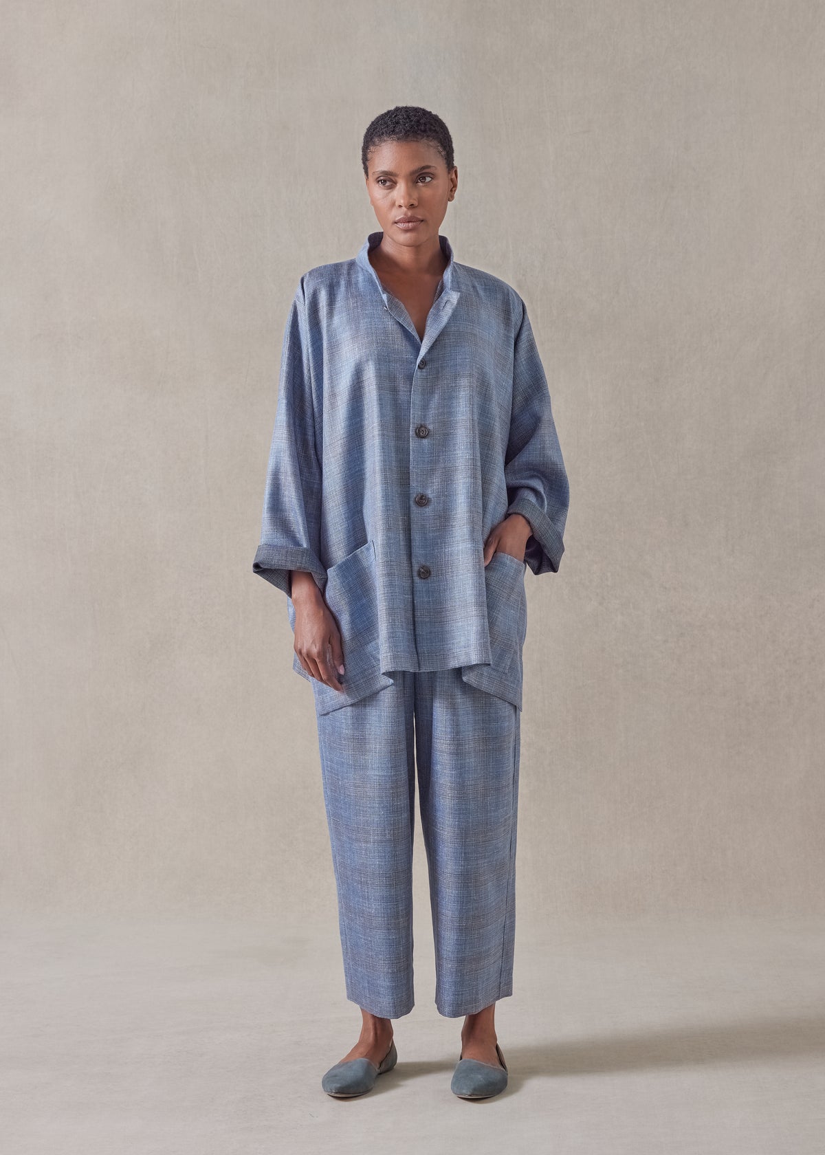 silk linen wool mix wide mandarin jacket - long