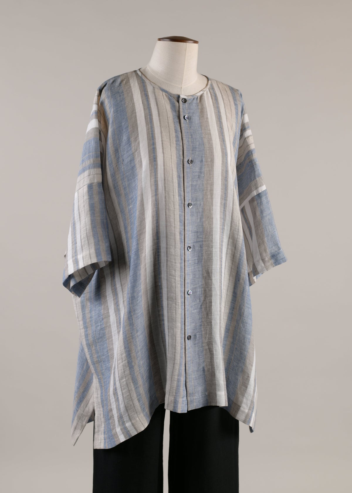 striped linen short sleeve shirt (bluegrey)