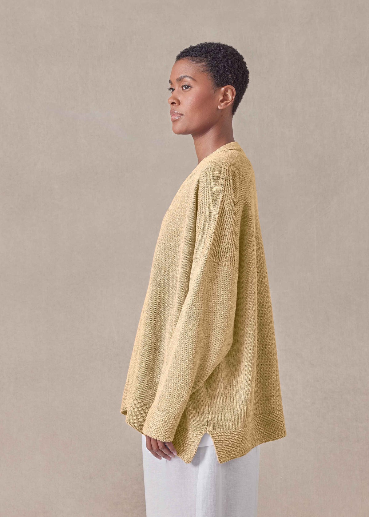 linen cotton mix V neck cardigan - mid (straw)