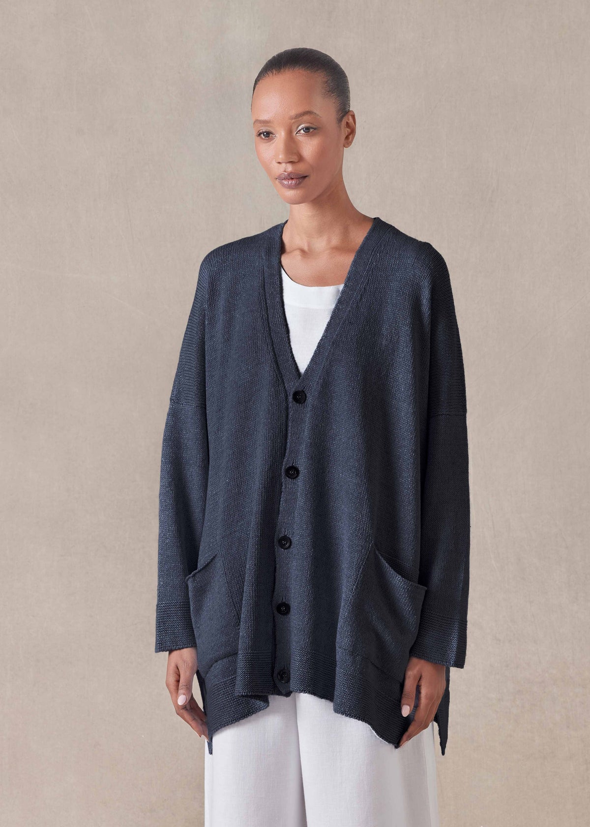 linen cotton mix V neck cardigan - long (navydark)