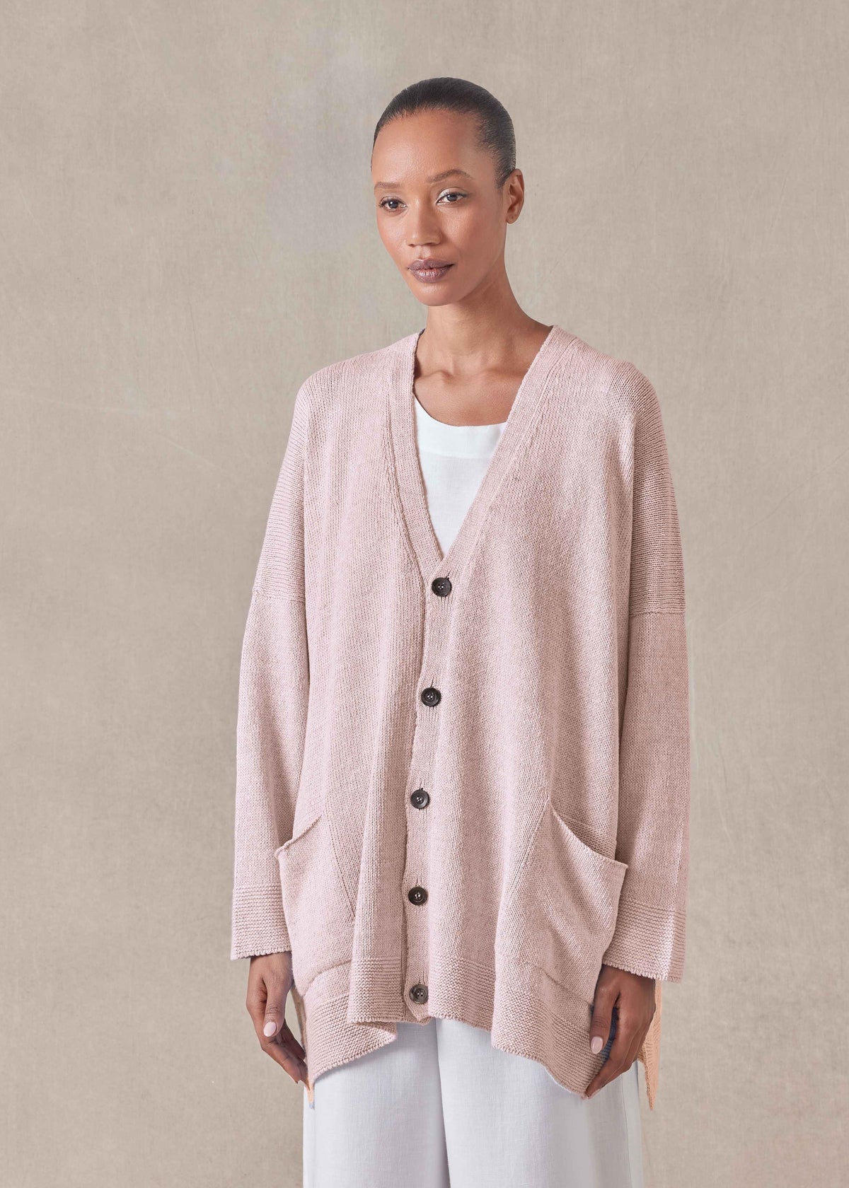 linen cotton mix V neck cardigan - long (rosepowder)