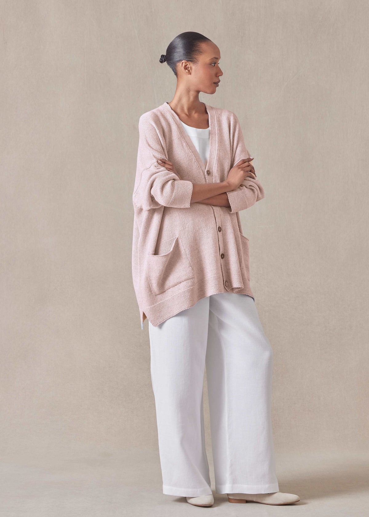 linen cotton mix V neck cardigan - long (rosepowder)