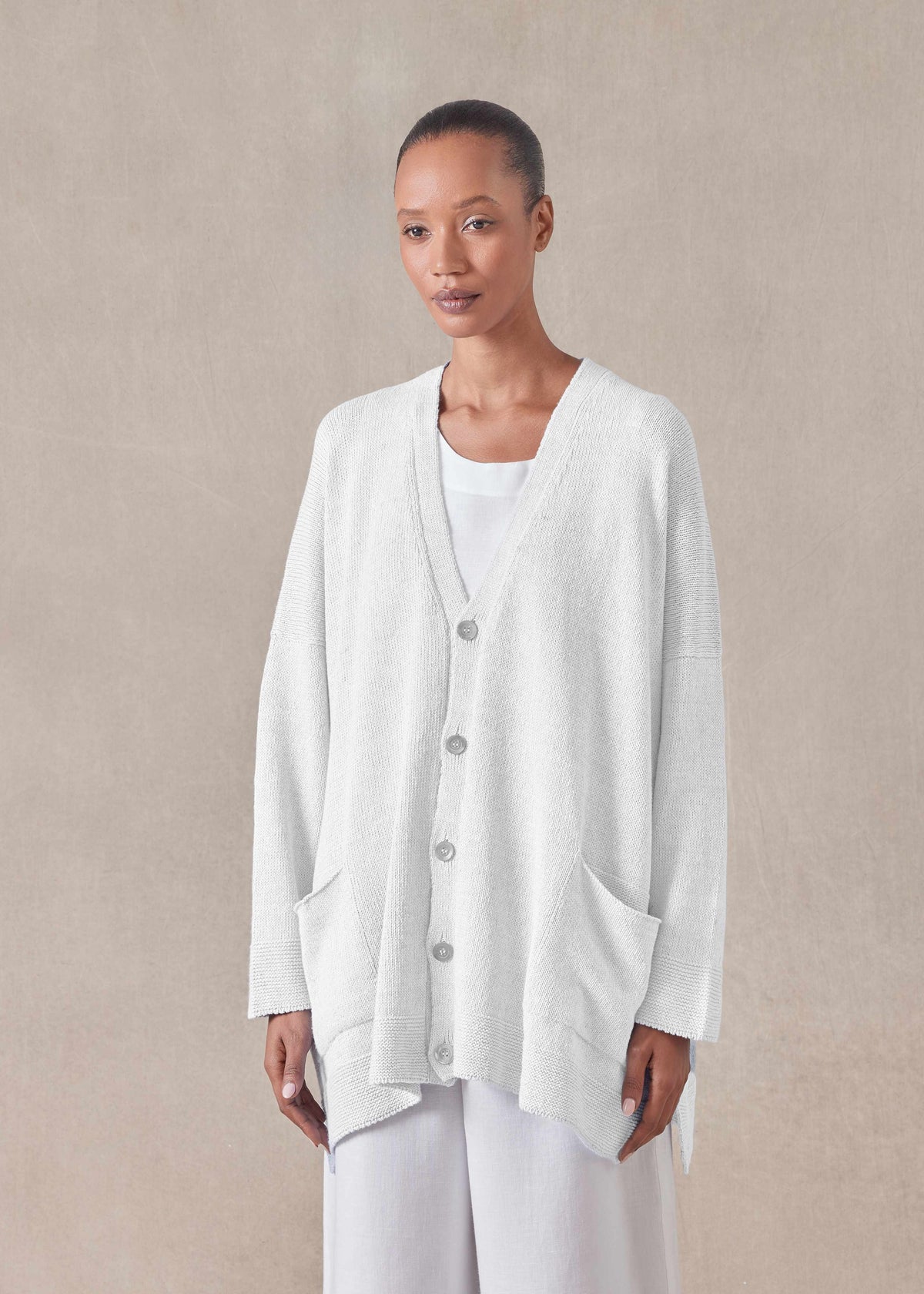 linen cotton mix V neck cardigan - long (white)