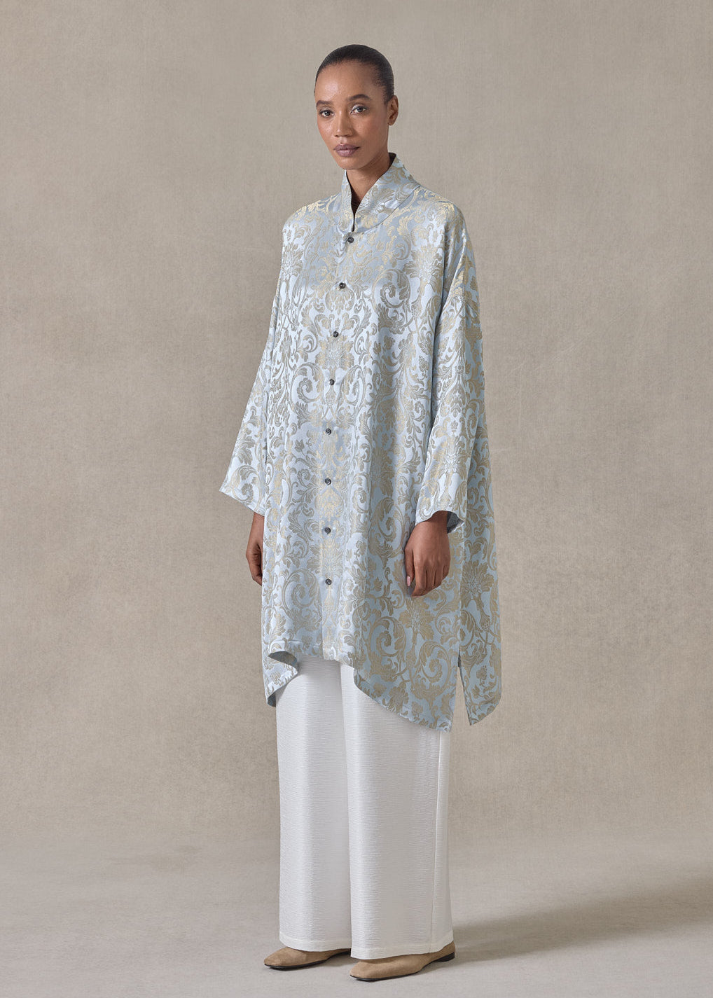 silk mix jacquard wide a-line chinese collar shirt - very long with slits (bridgertonblue)