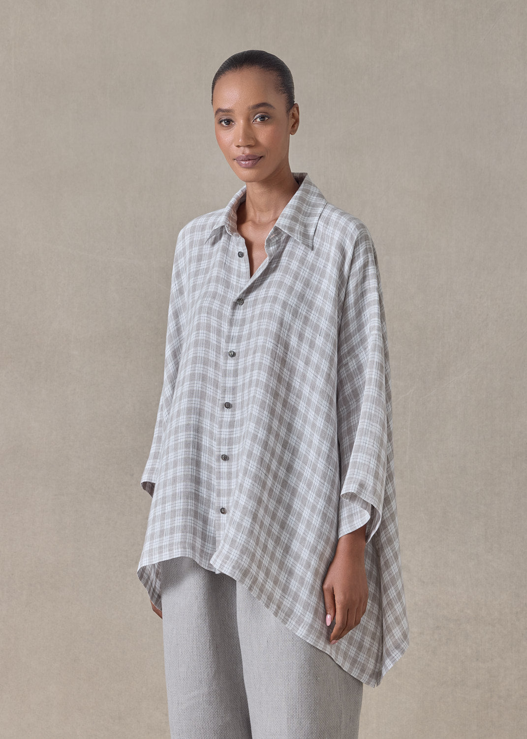 delave linen double pointed sides short sleeve shirt with collar - mid plus (stone)