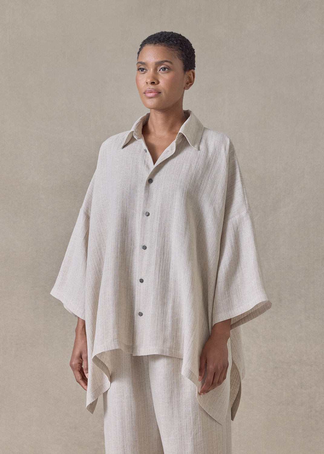 extrafine gold stripe linen dps short sleeve shirt with collar - mid plus (natural)